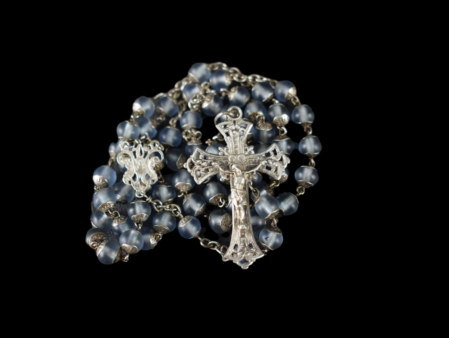 French Frosted Blue All Capped Glass Beads Silver Rosary