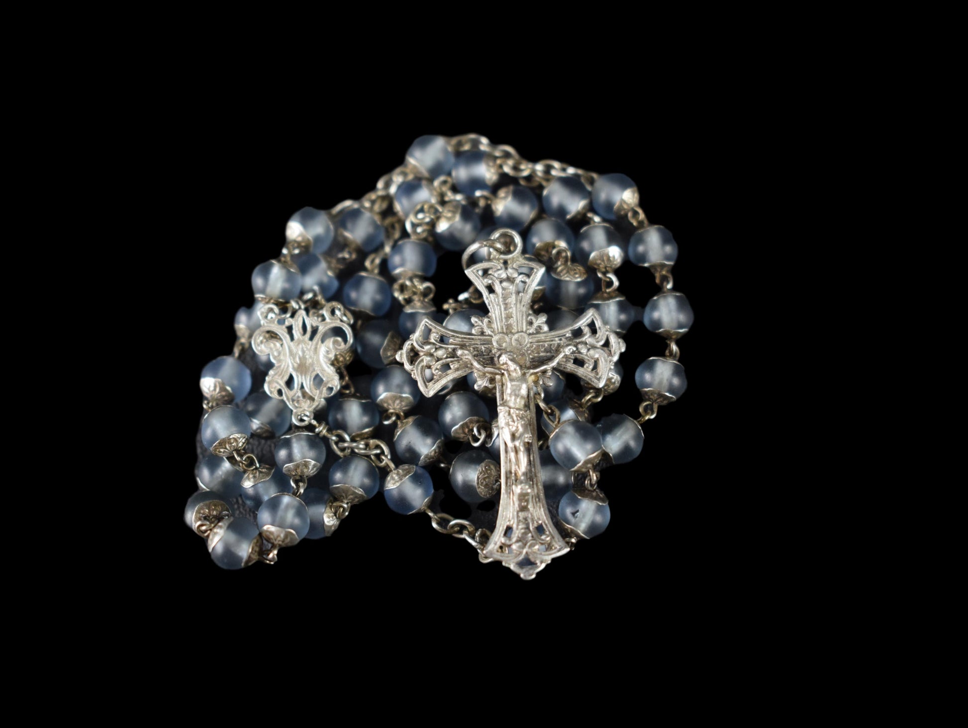 French Frosted Blue All Capped Glass Beads Silver Rosary
