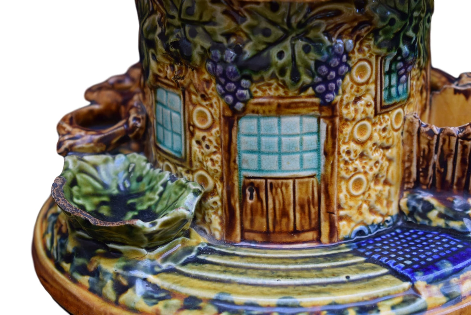 French Antique Majolica Tobacco Jar and Pipe Holder Depose M - Charmantiques