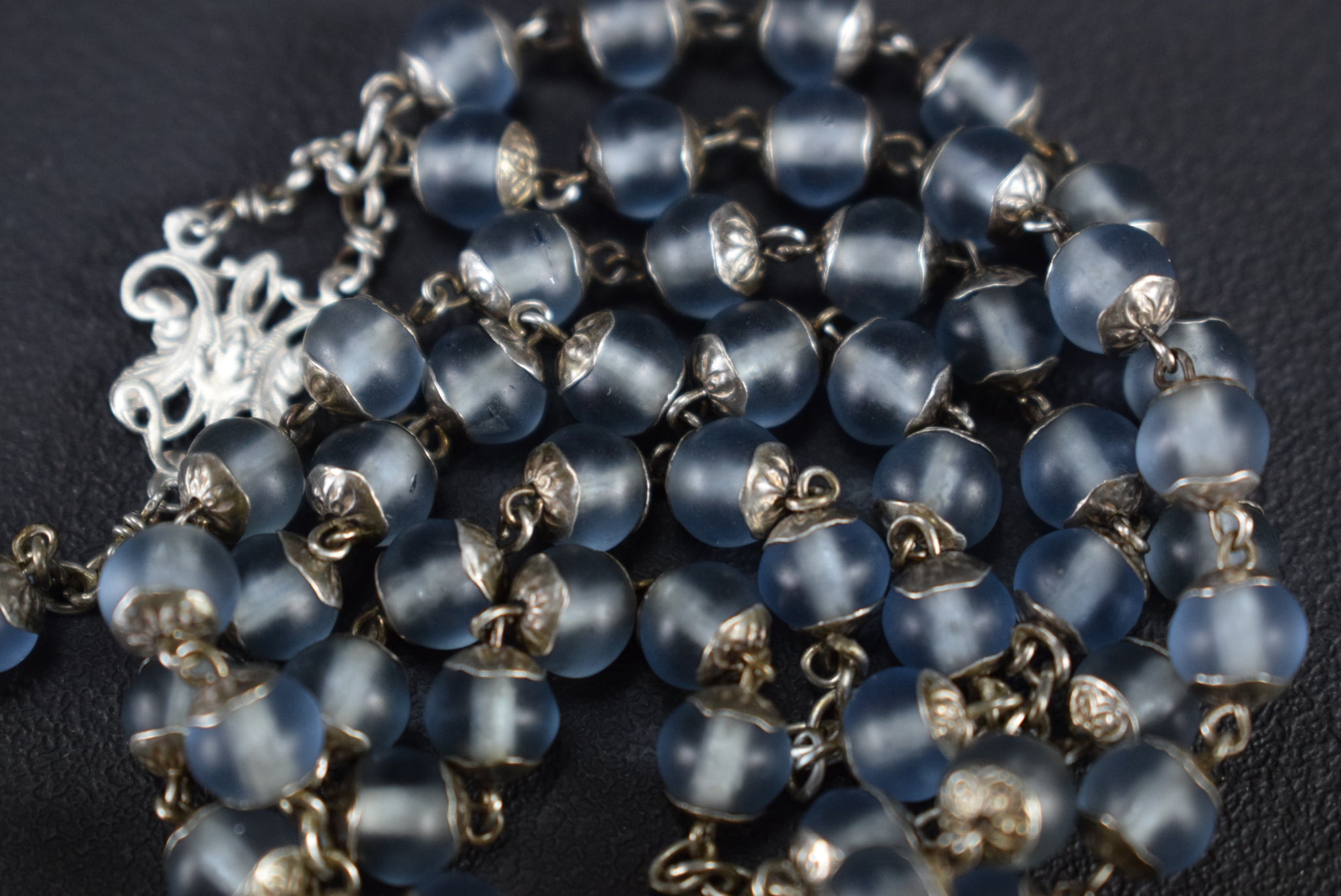 French Frosted Blue All Capped Glass Beads Silver Rosary