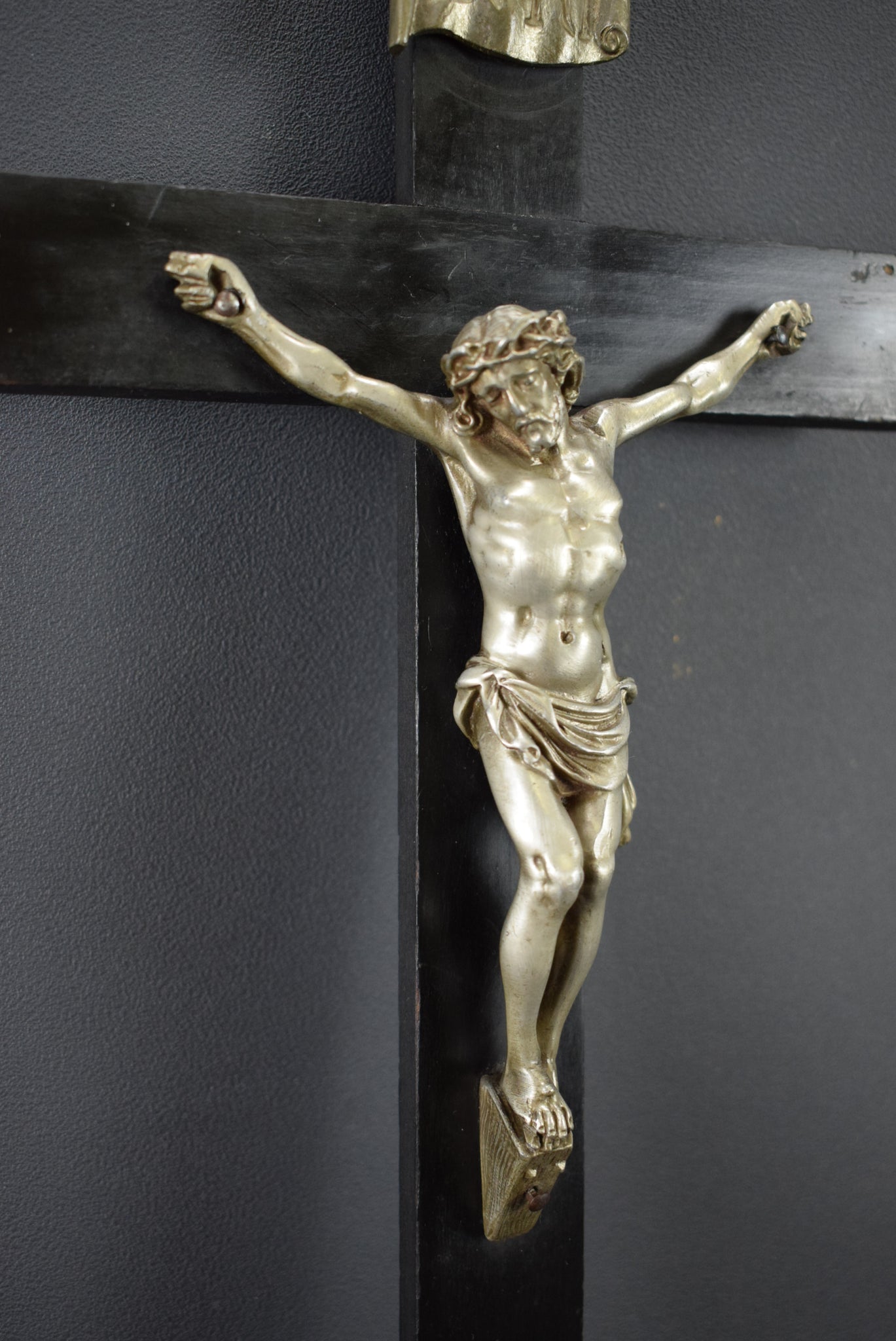 French Black & Silver Wood Wall Cross Crucifix