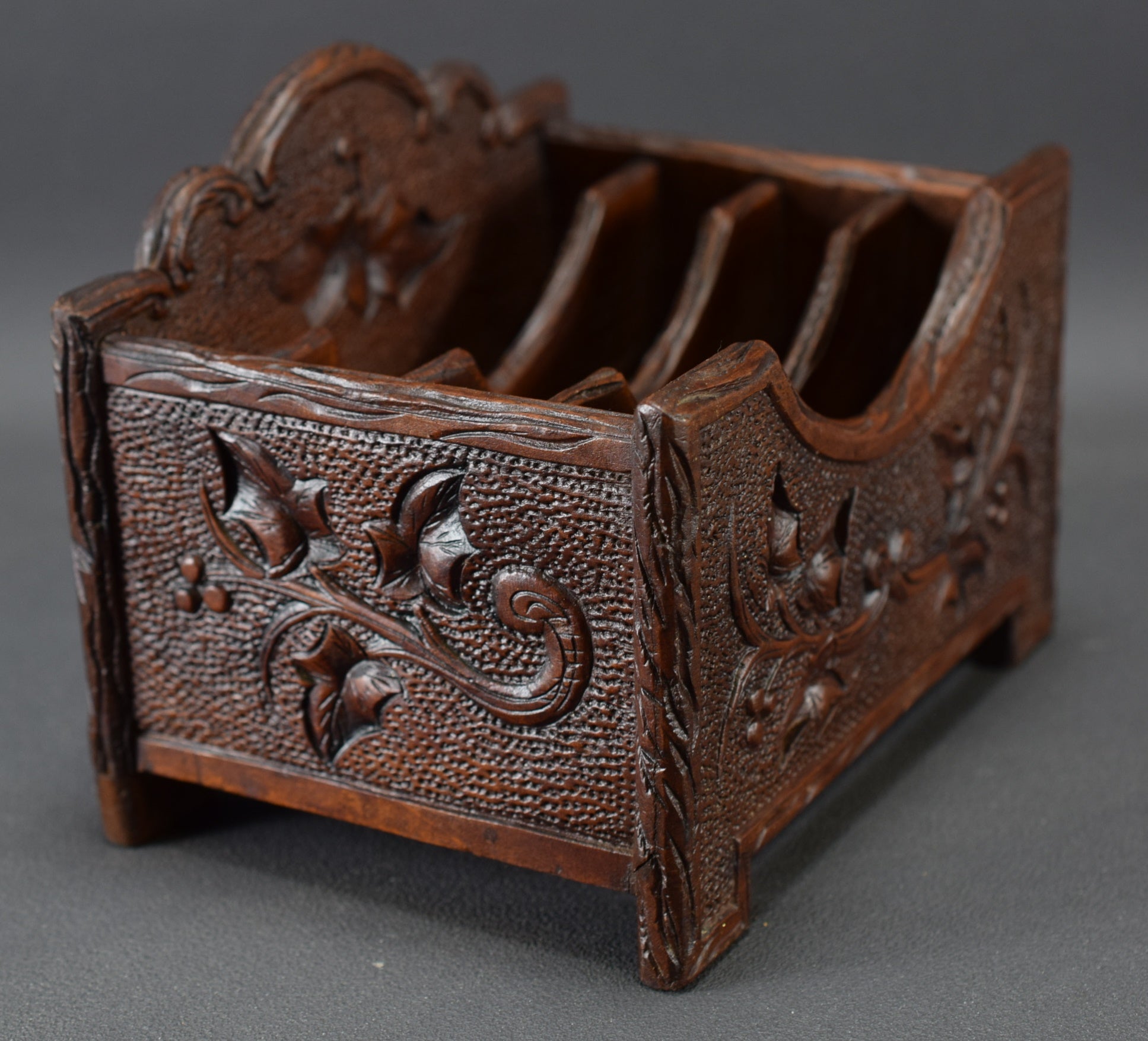 Black Forest Carved Wood Desk Letter Rack Holder Caddy Holder