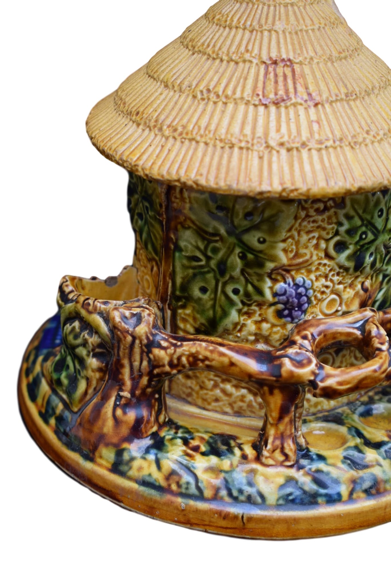 French Antique Majolica Tobacco Jar and Pipe Holder Depose M - Charmantiques