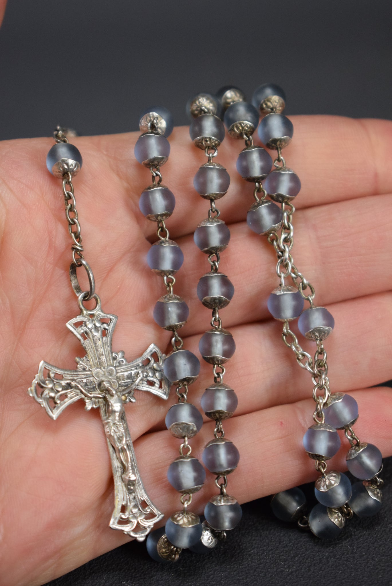 French Frosted Blue All Capped Glass Beads Silver Rosary