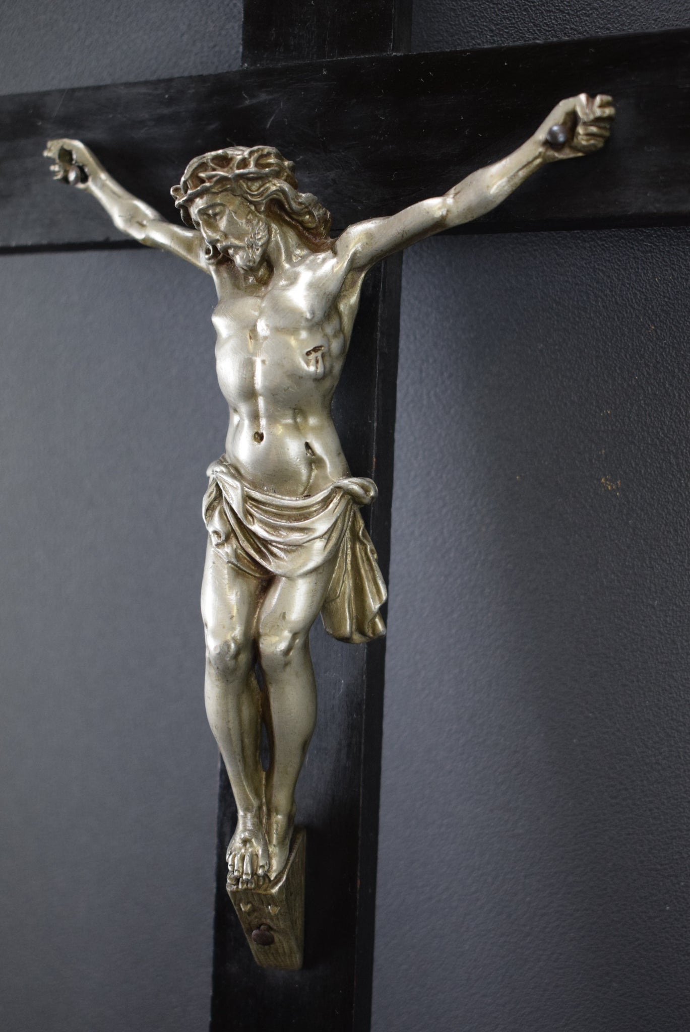 French Black & Silver Wood Wall Cross Crucifix