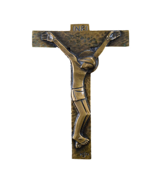 French Modernist Bronze Pectoral Cross Small Wall Crucifix
