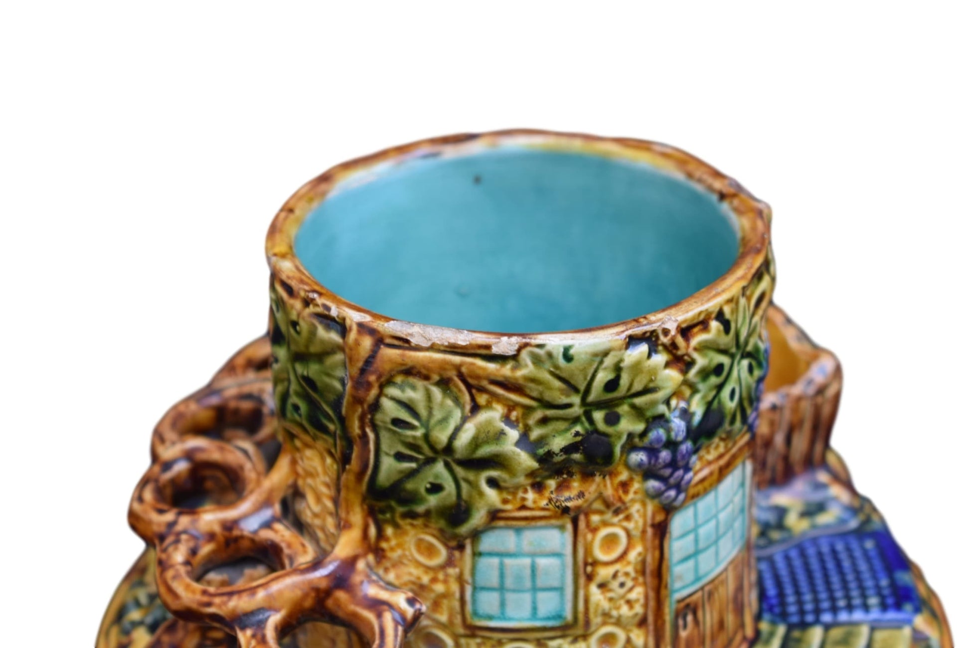 French Antique Majolica Tobacco Jar and Pipe Holder Depose M - Charmantiques