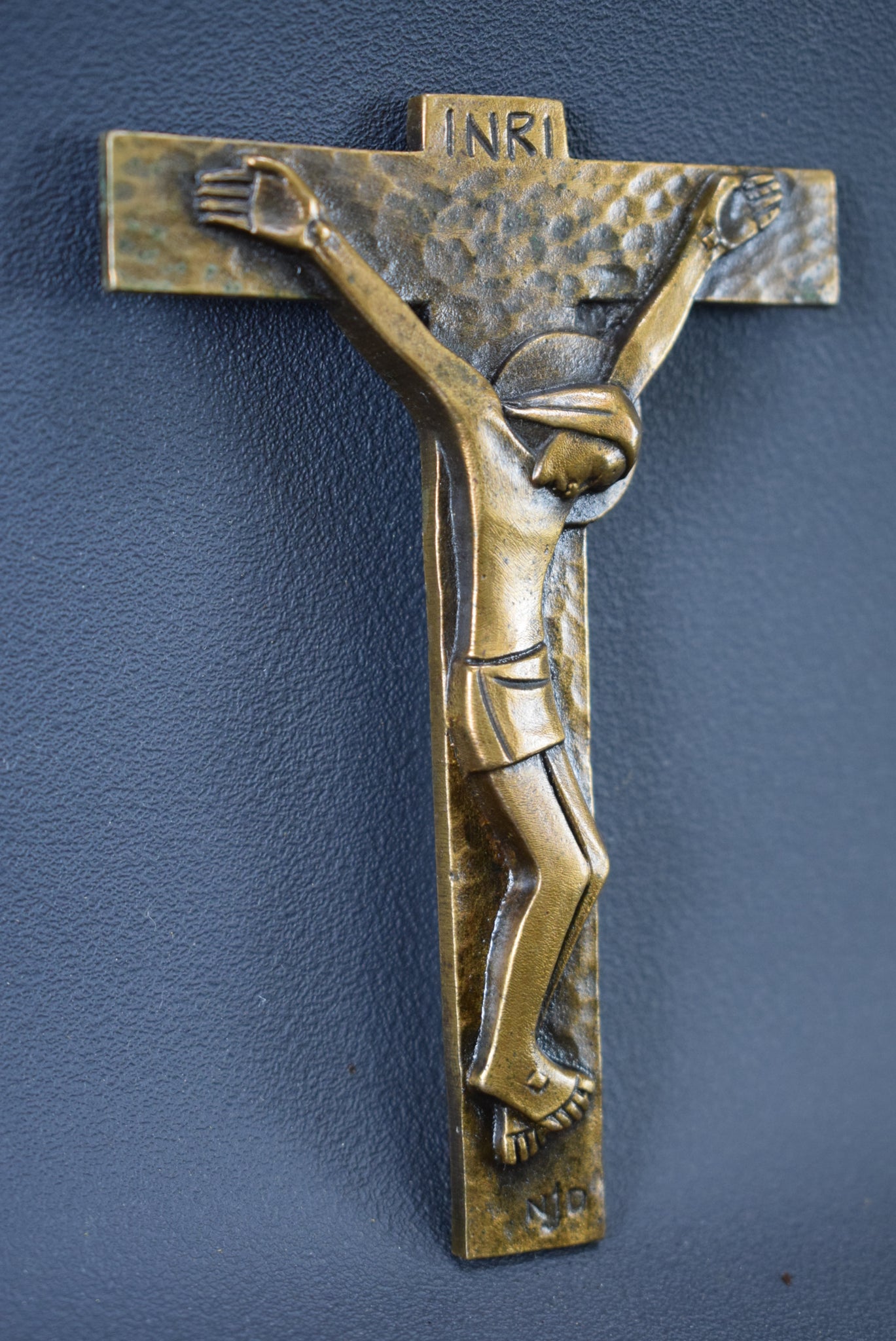 French Modernist Bronze Pectoral Cross Small Wall Crucifix