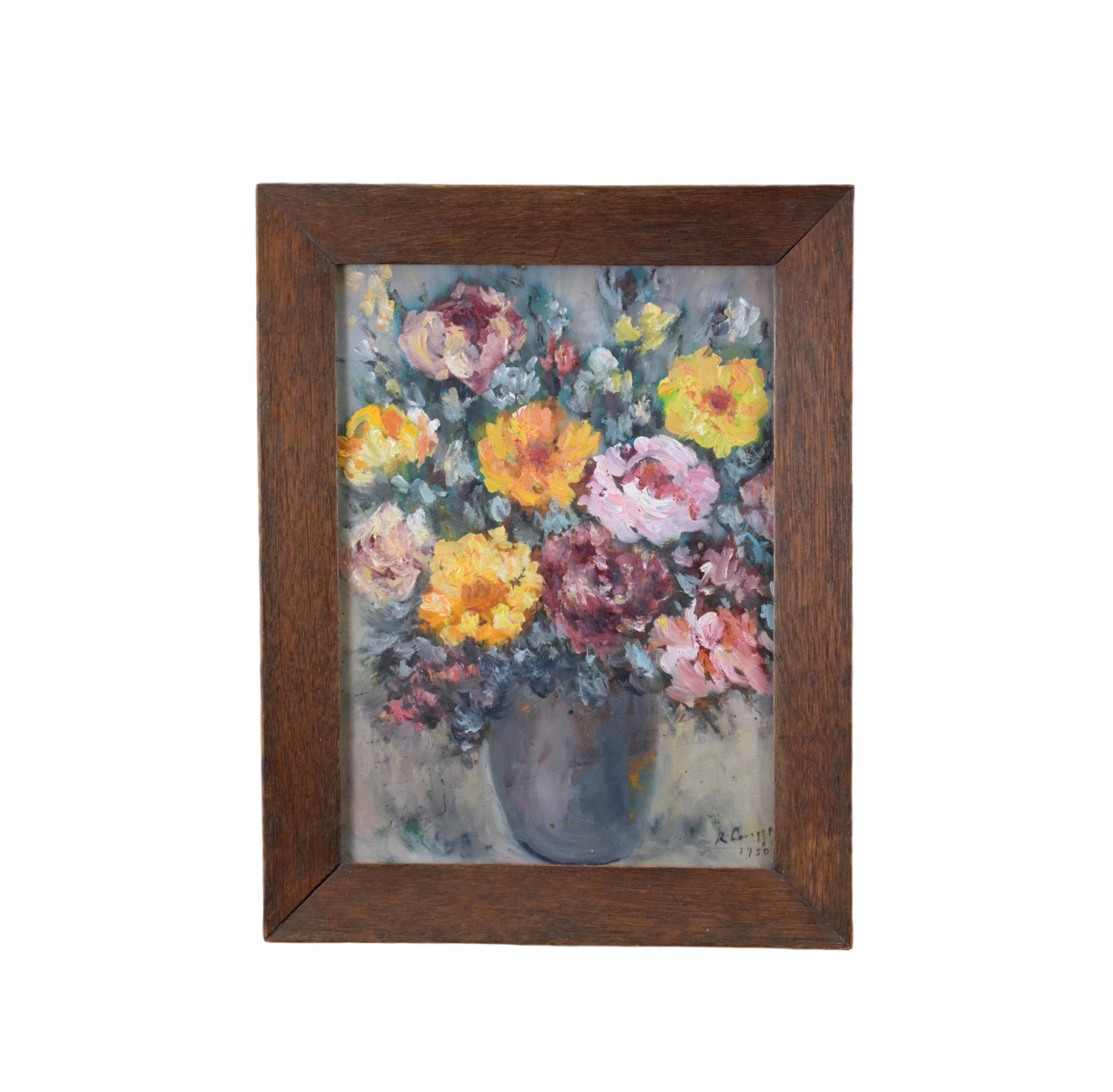 French 1950's Oil Painting Bunch of Flowers Signed Framed
