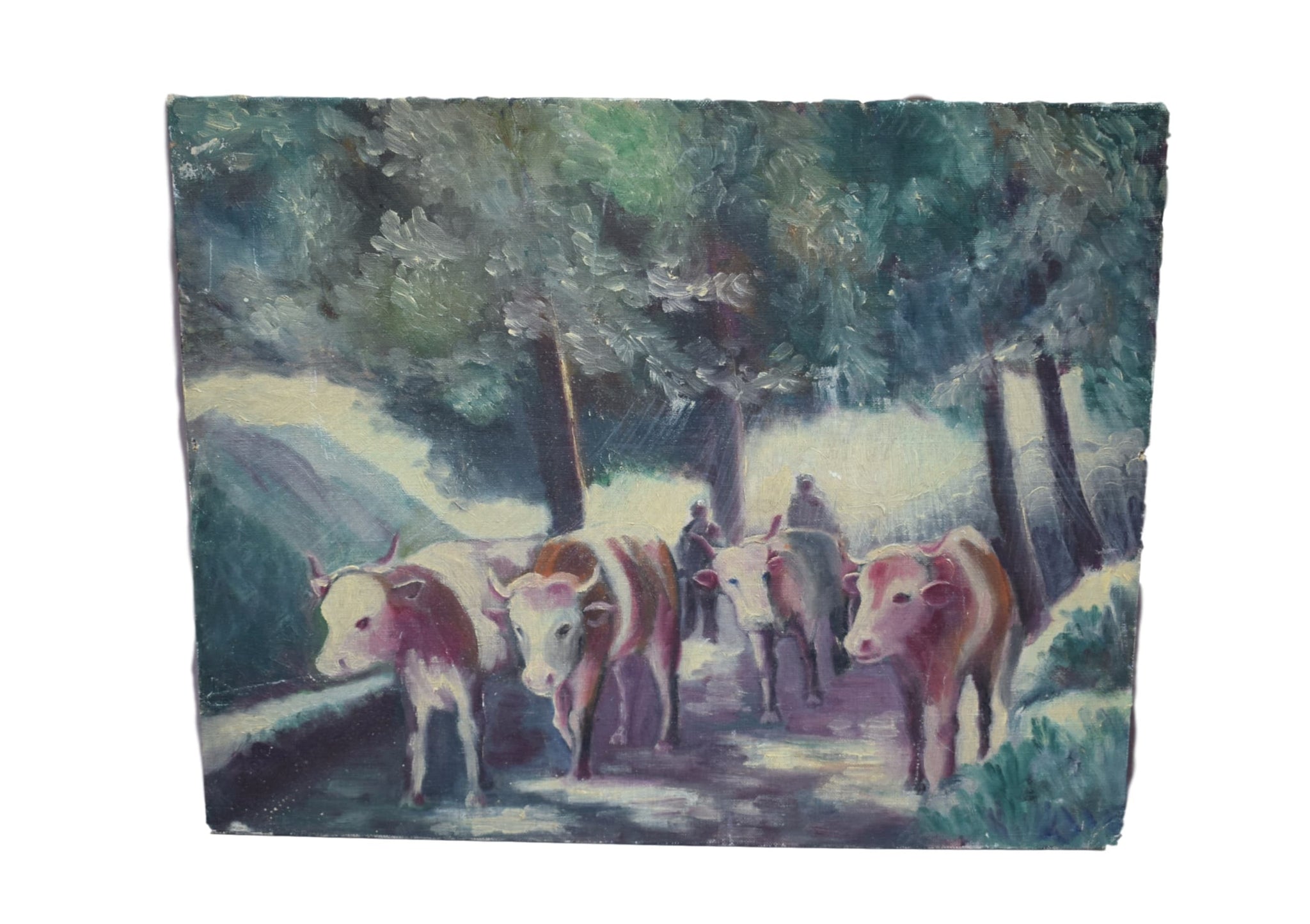 French Vintage Herd of Cows  Oil Painting on Panel - Charmantiques