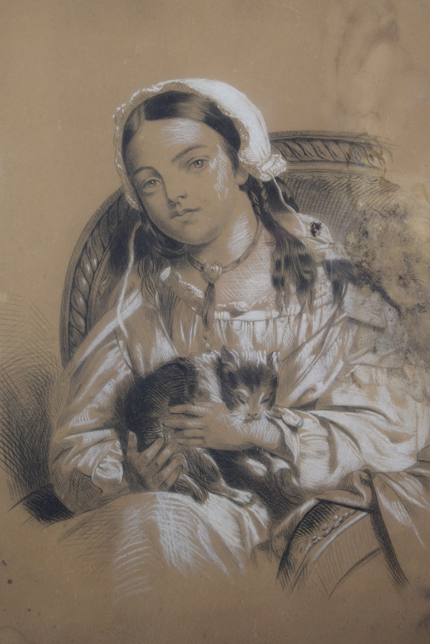 19th.C Lady and Cat Drawing - Charmantiques