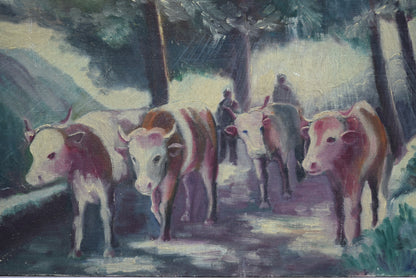 French Vintage Herd of Cows  Oil Painting on Panel - Charmantiques