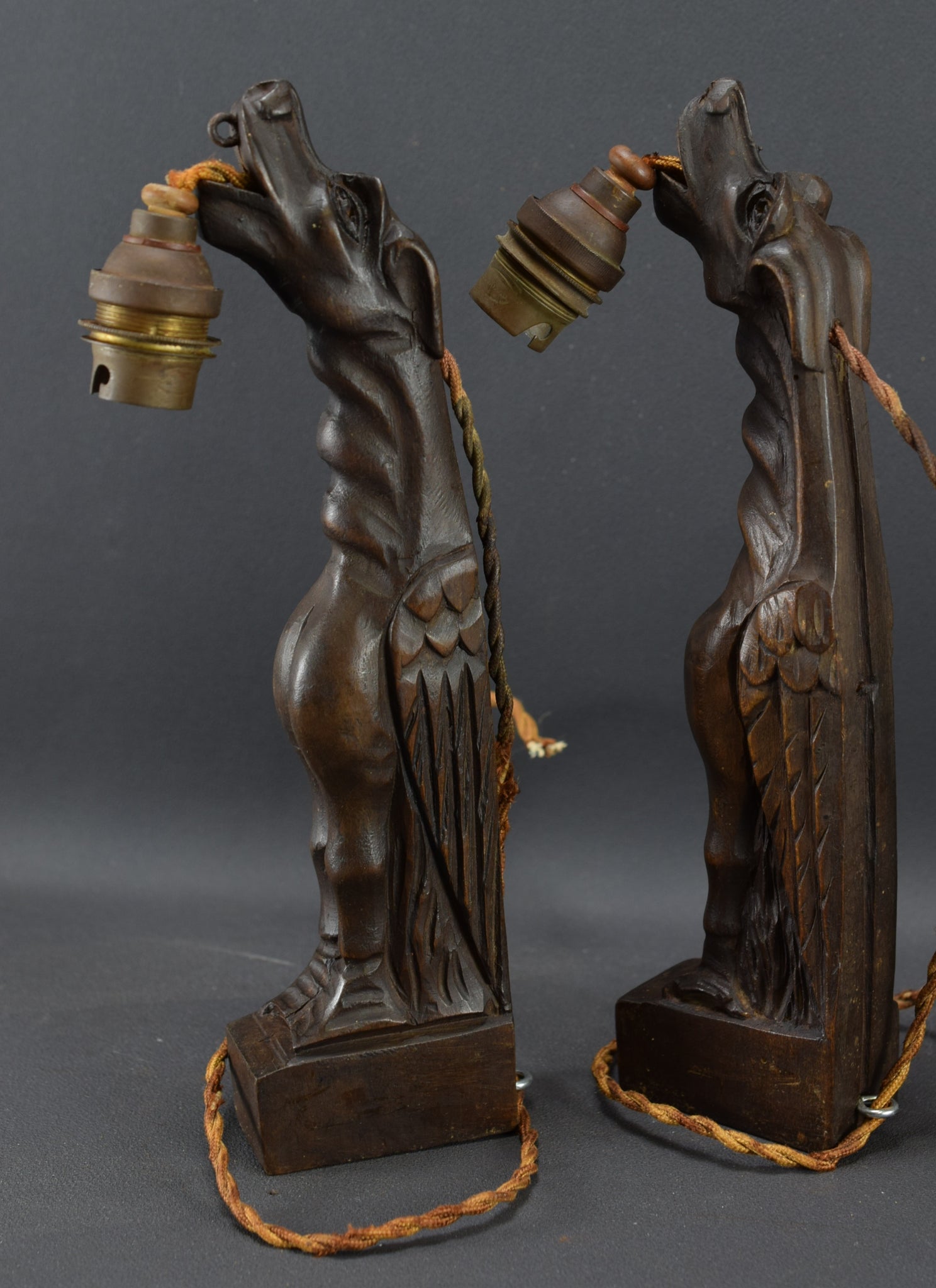 Vintage Pair Hand Carved Wood Griffin Wall Sconce Chimera Light