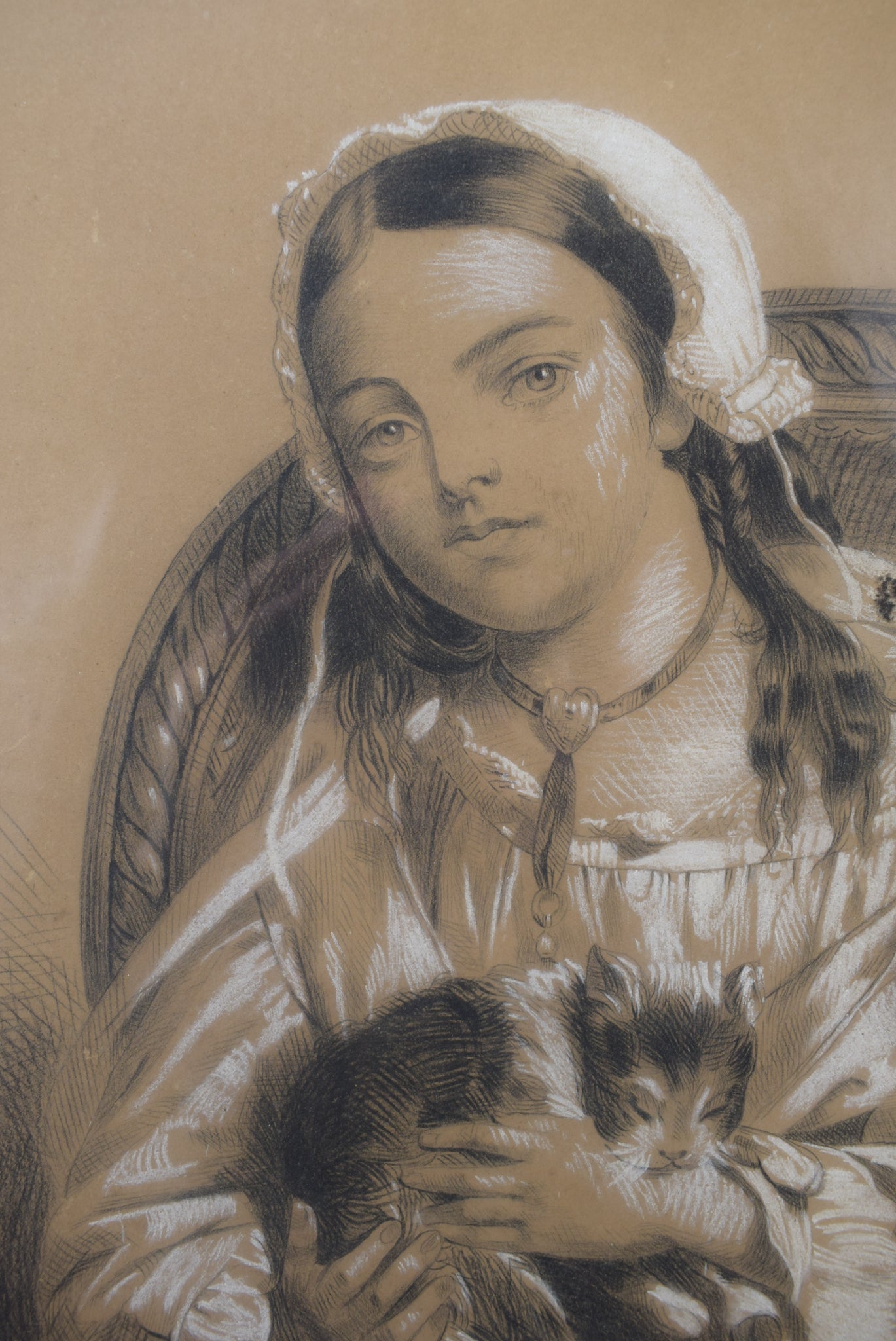 19th.C Lady and Cat Drawing - Charmantiques