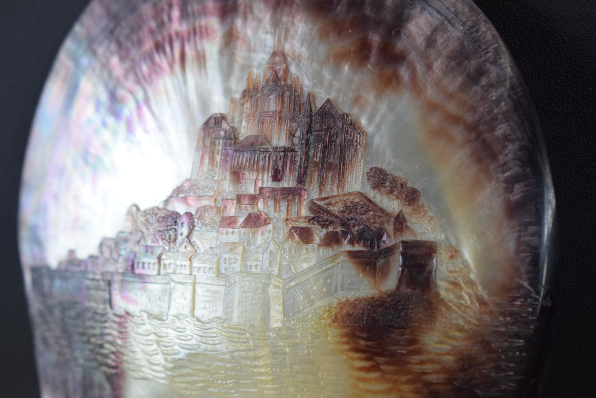 Victorian Grand Tour Mont Saint Michel Carved Shell Plaque Mother of Pearl