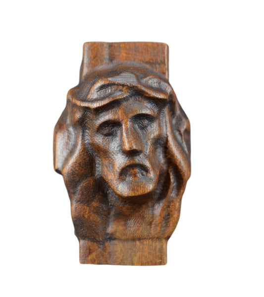 French Vintage Carved Wood Holy Face of Jesus Sculpture Carving Wall Panel
