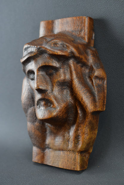 French Vintage Carved Wood Holy Face of Jesus Sculpture Carving Wall Panel