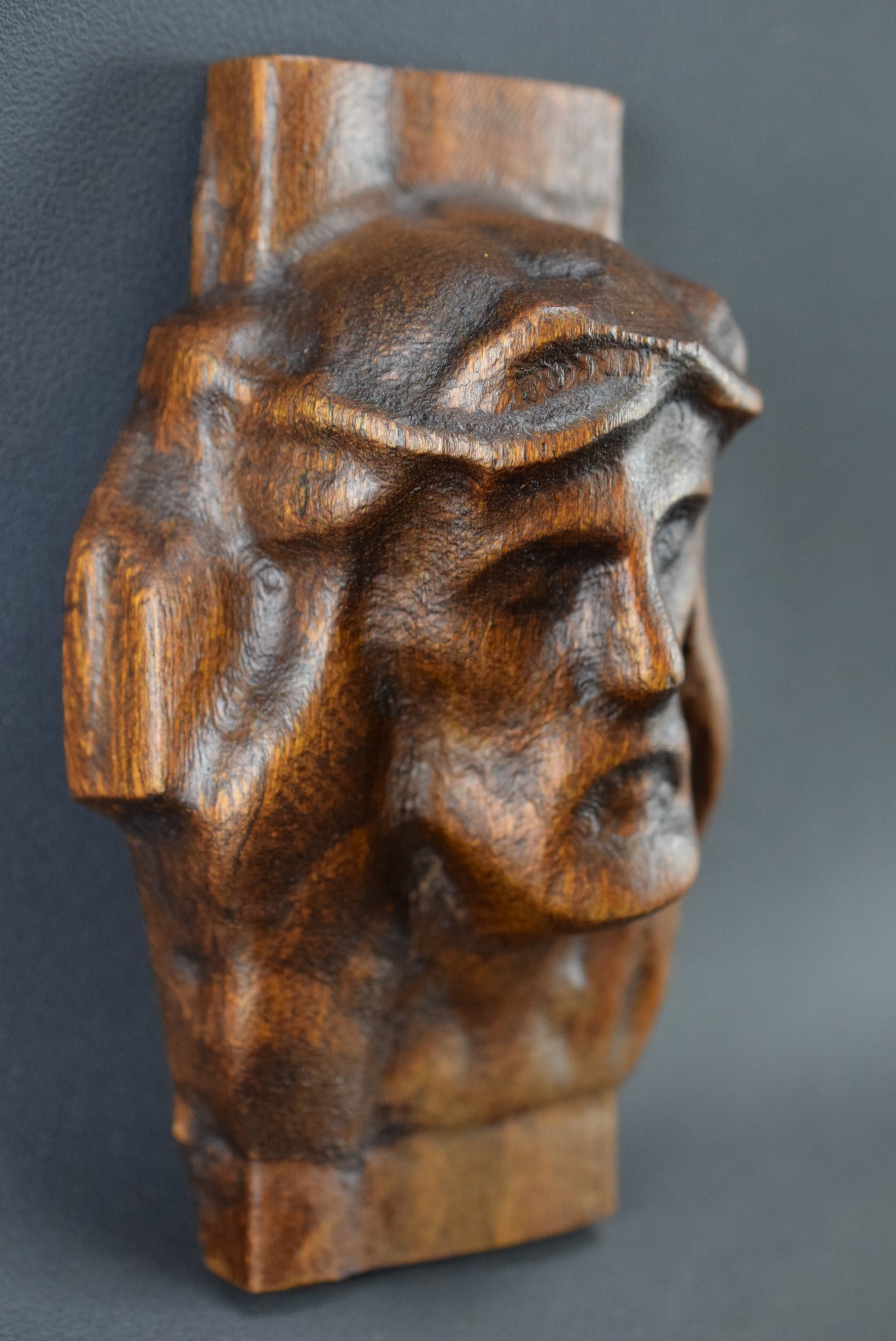 French Vintage Carved Wood Holy Face of Jesus Sculpture Carving Wall Panel