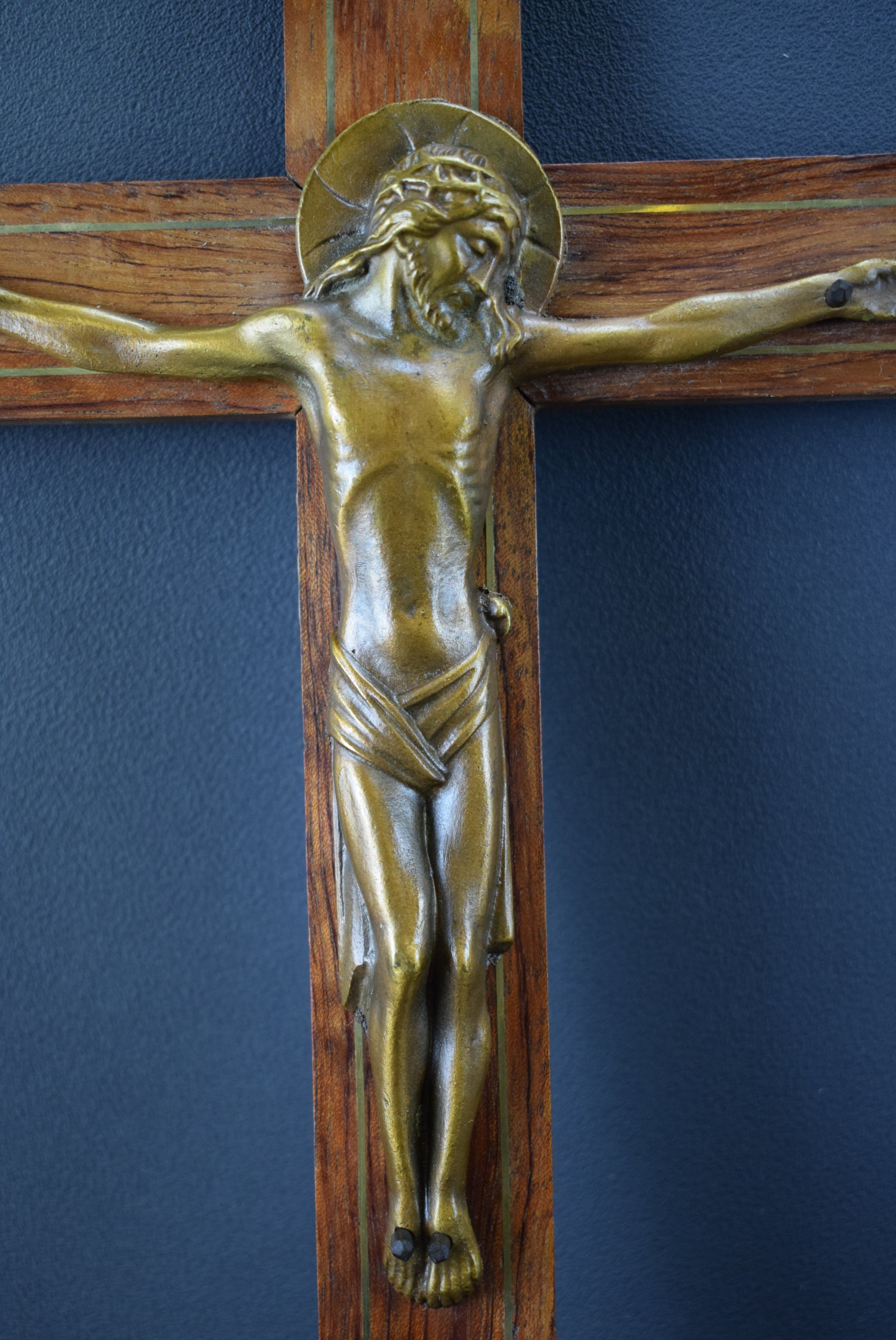 French Art Deco Gallo Bronze and Wood Wall Cross Crucifix