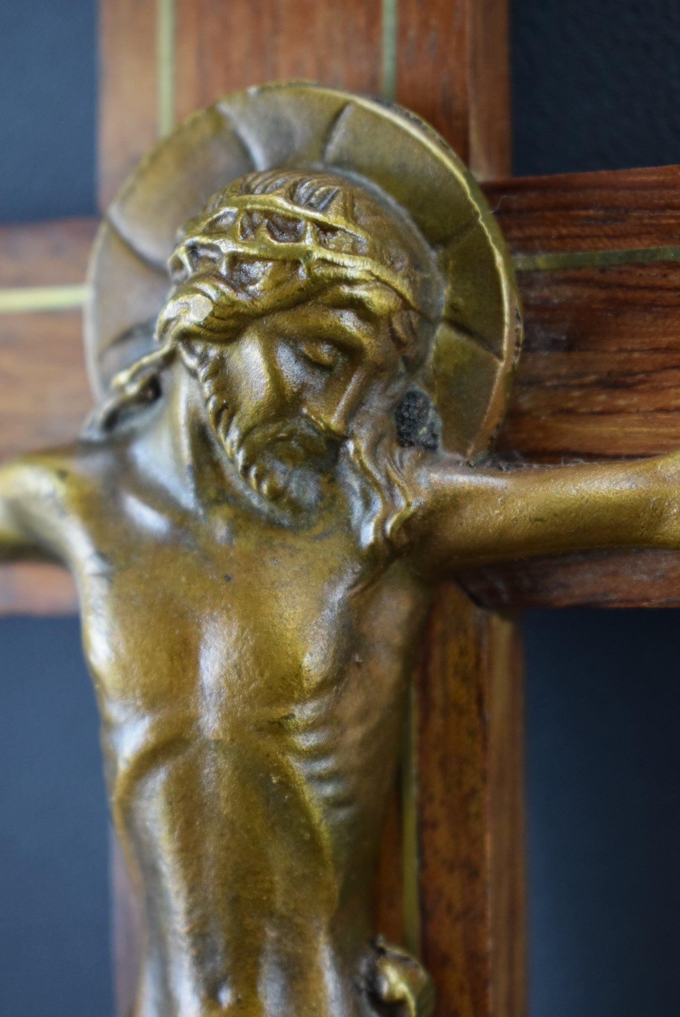 French Art Deco Gallo Bronze and Wood Wall Cross Crucifix
