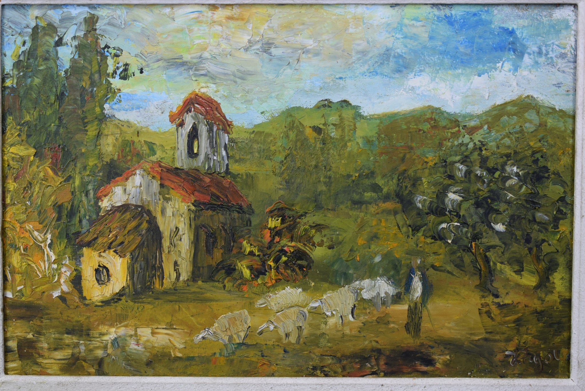 Post Impressionist Sheeps Painting - Charmantiques