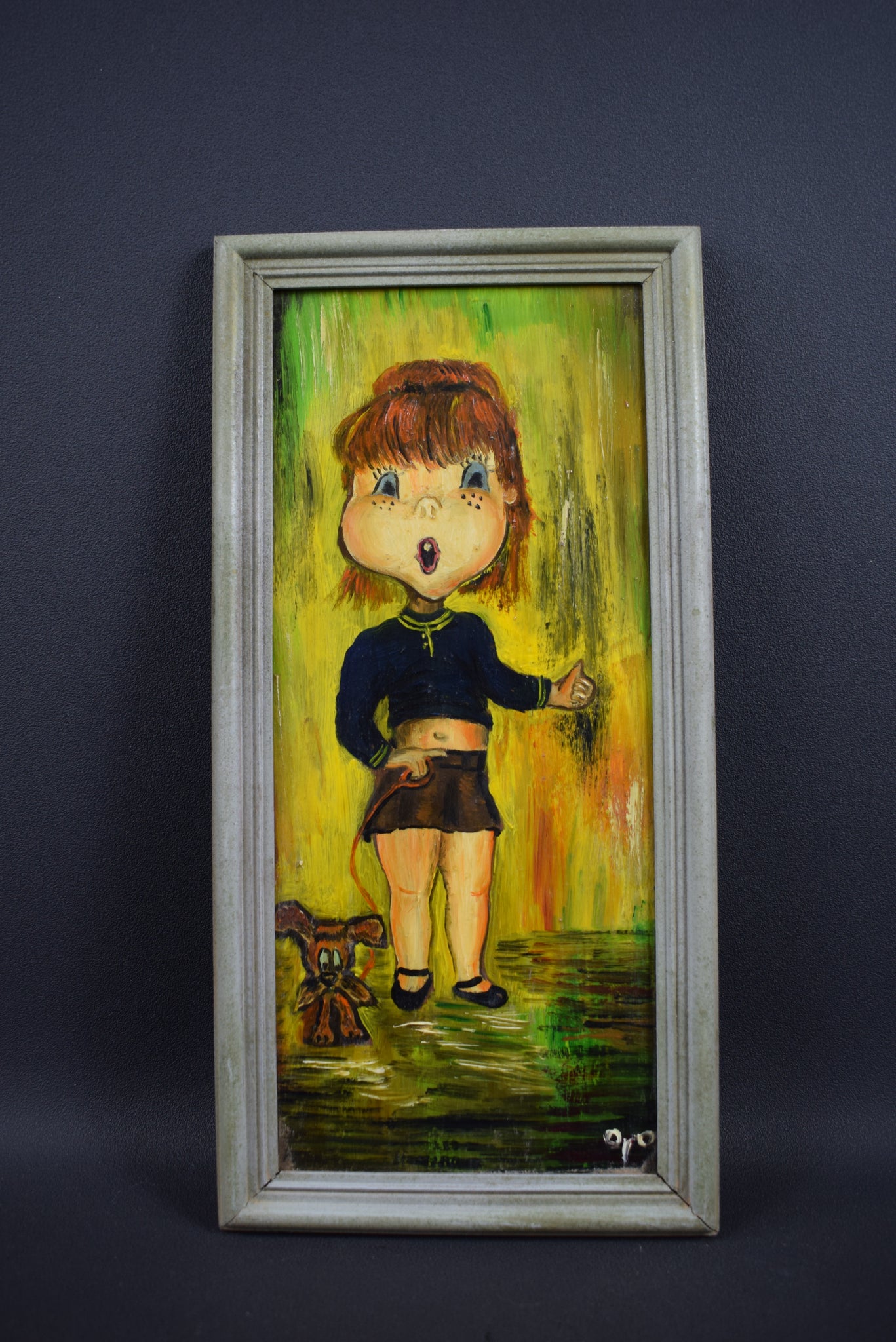Oil painting humorous Paris Montmartre - Girl with dog