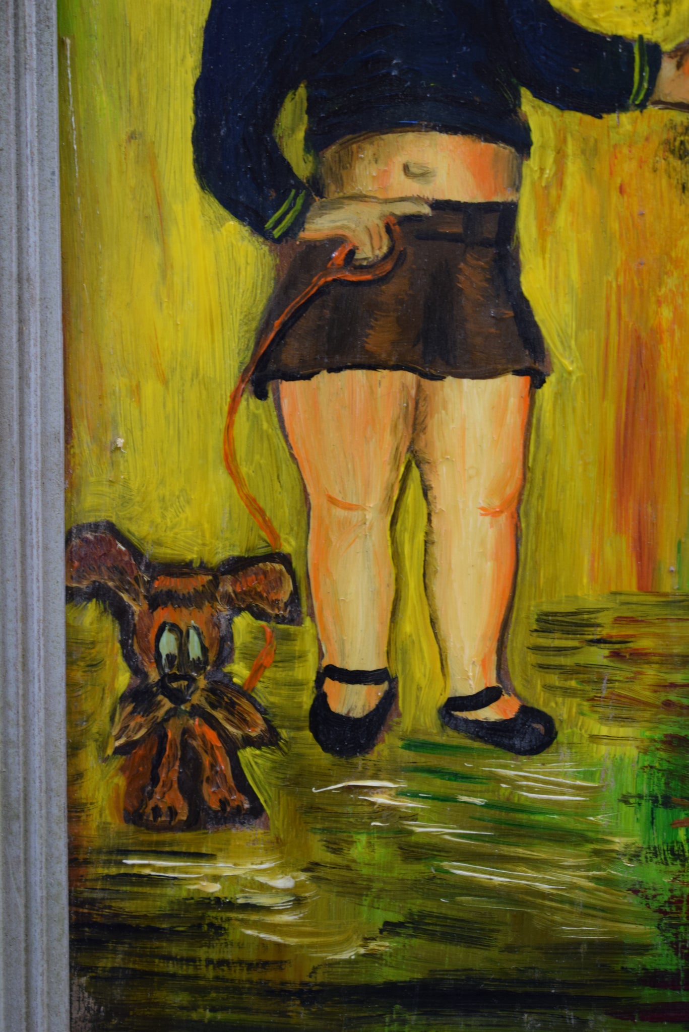 Oil painting humorous Paris Montmartre - Girl with dog