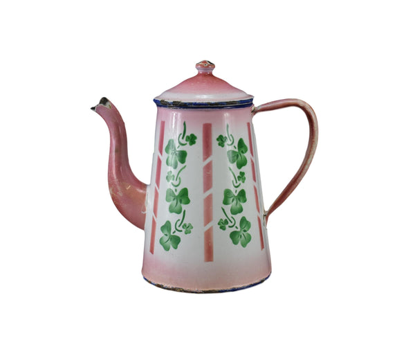 French Vintage Pink White & Green Clover Enamel Coffee Pot Country Shabby Chic Kitchenalia Water Jug