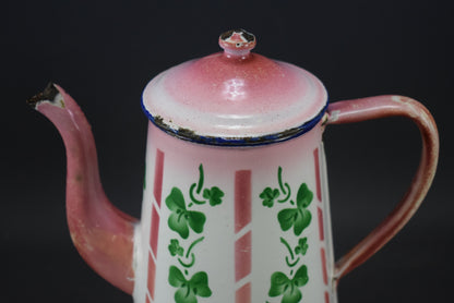 French Vintage Pink White & Green Clover Enamel Coffee Pot Country Shabby Chic Kitchenalia Water Jug