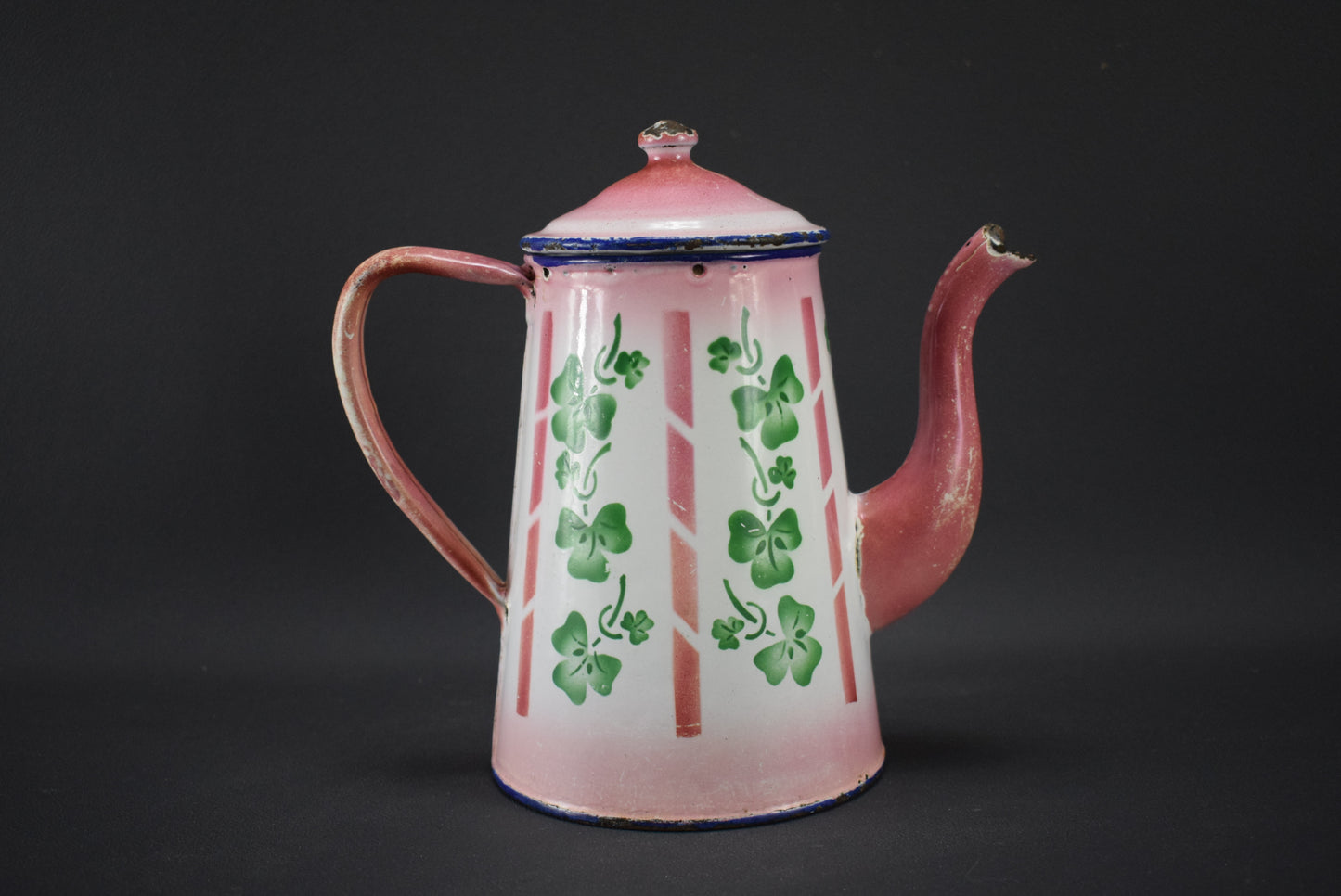 French Vintage Pink White & Green Clover Enamel Coffee Pot Country Shabby Chic Kitchenalia Water Jug