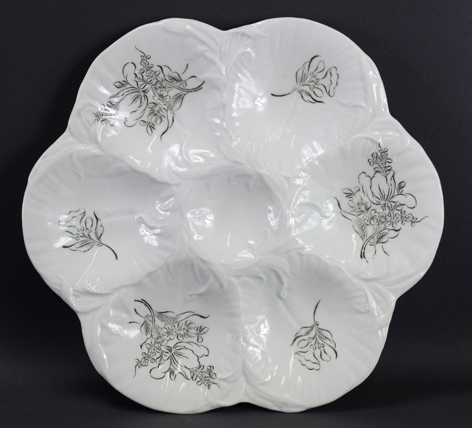 Set of 6 Black & White Luneville Oyster Plate Seafood Serving Old Strasbourg