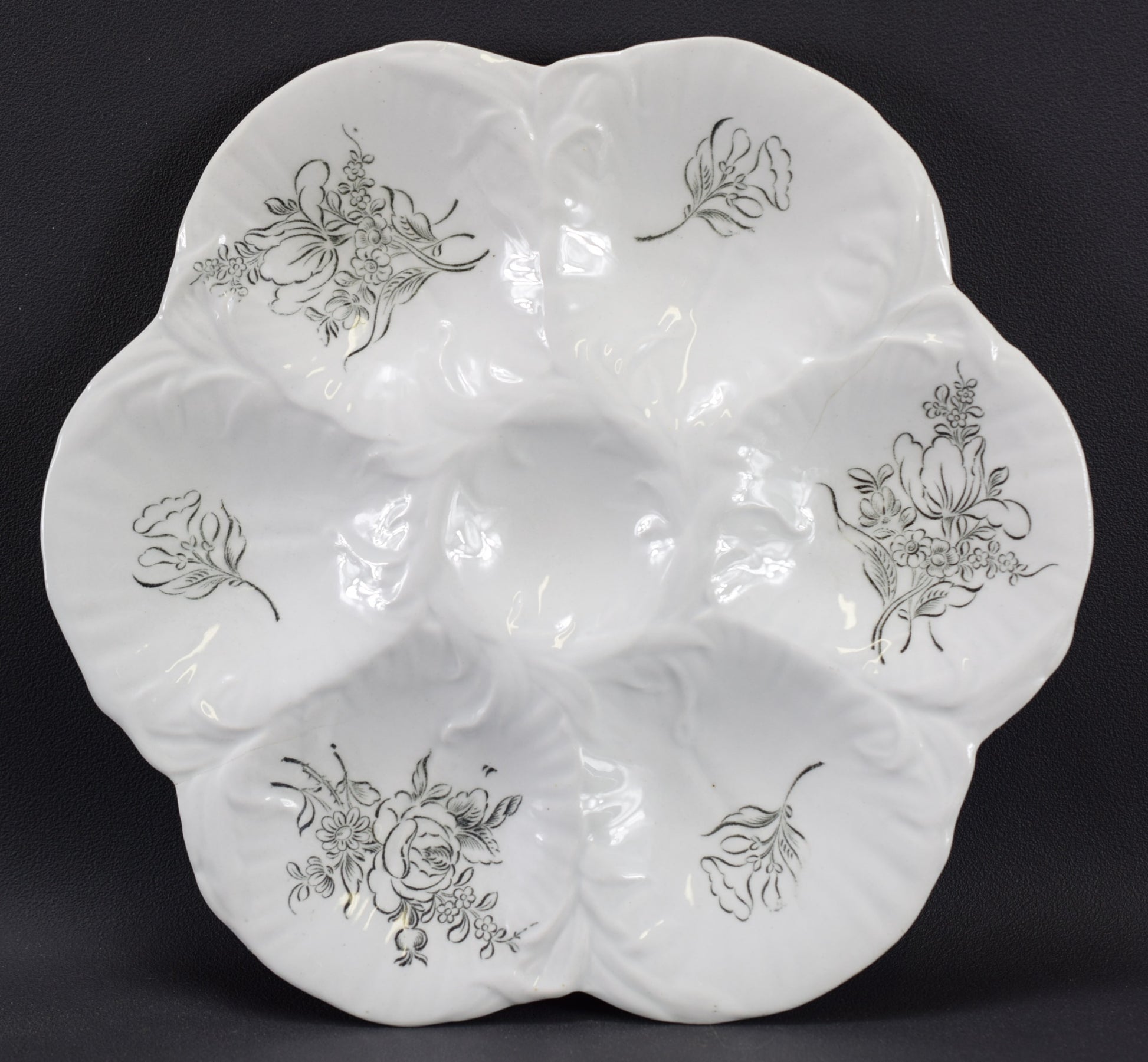 Set of 6 Black & White Luneville Oyster Plate Seafood Serving Old Strasbourg