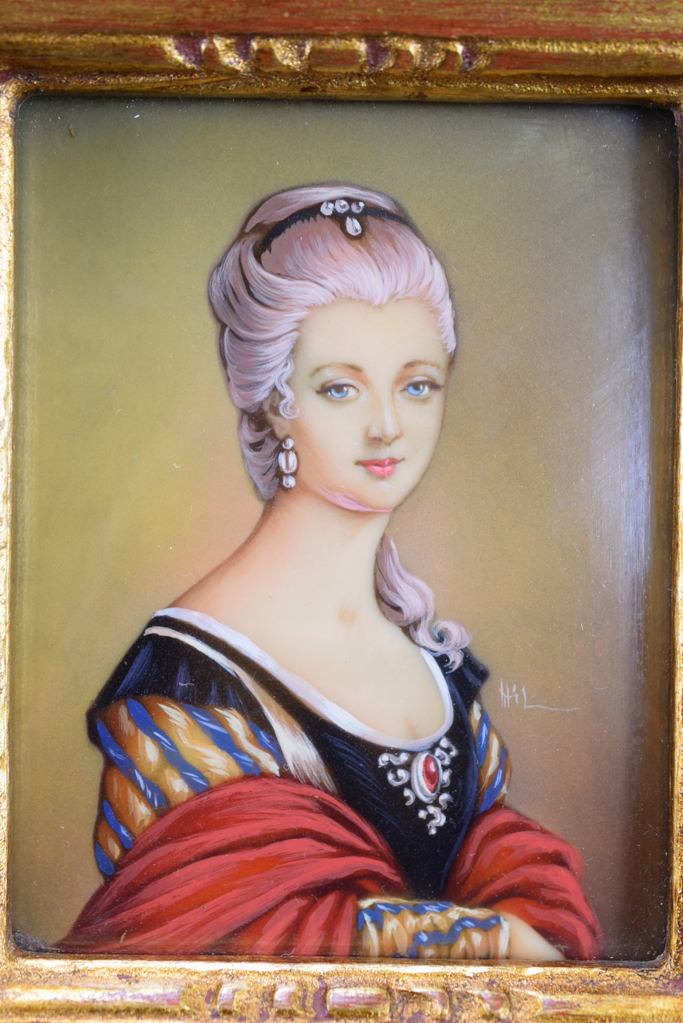 French Antique Miniature Portrait Painting of French Lady Marie Antoinette