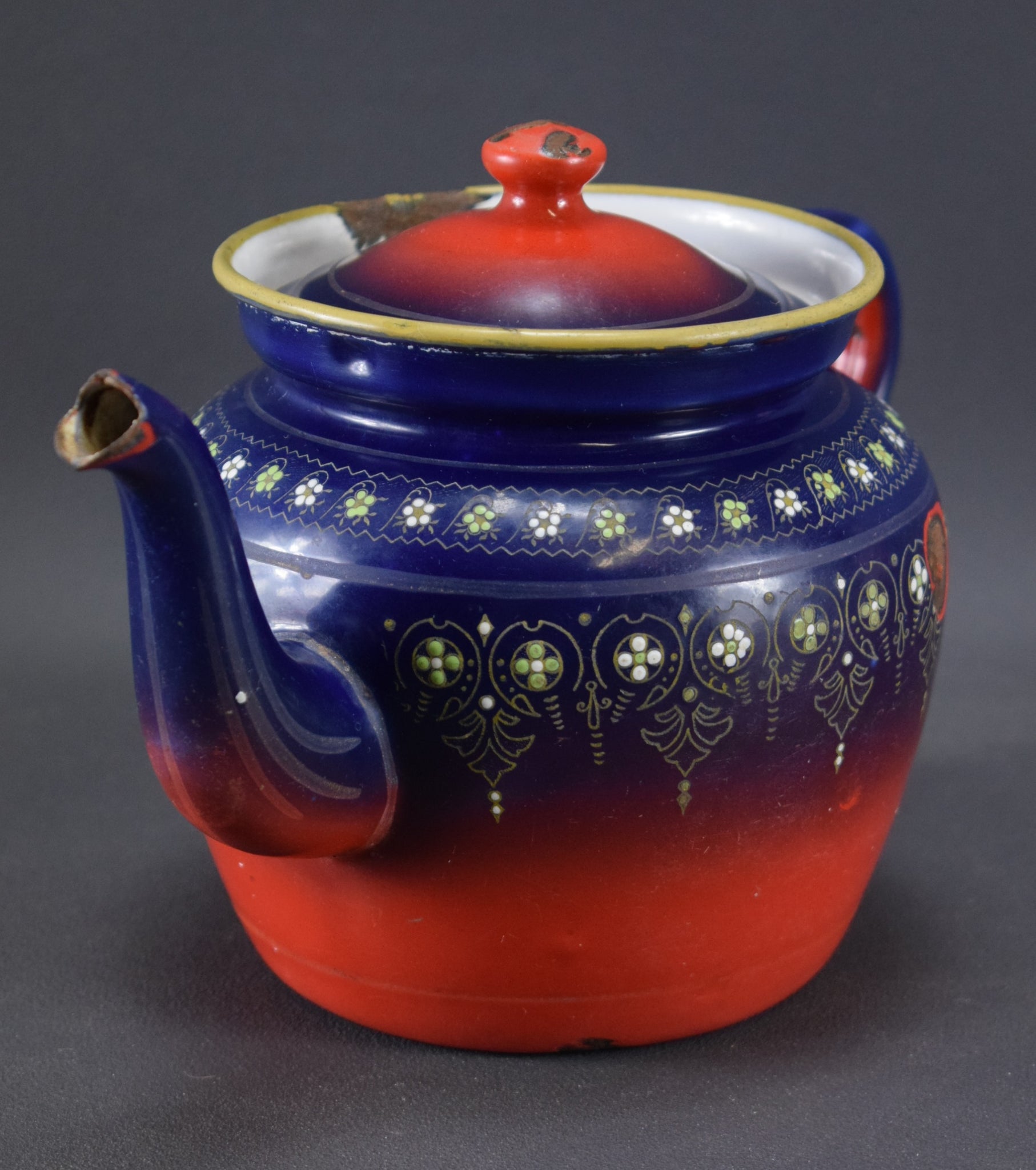 French Vintage Red and Blue Enamel Tea Pot BB Mark Kitchenalia