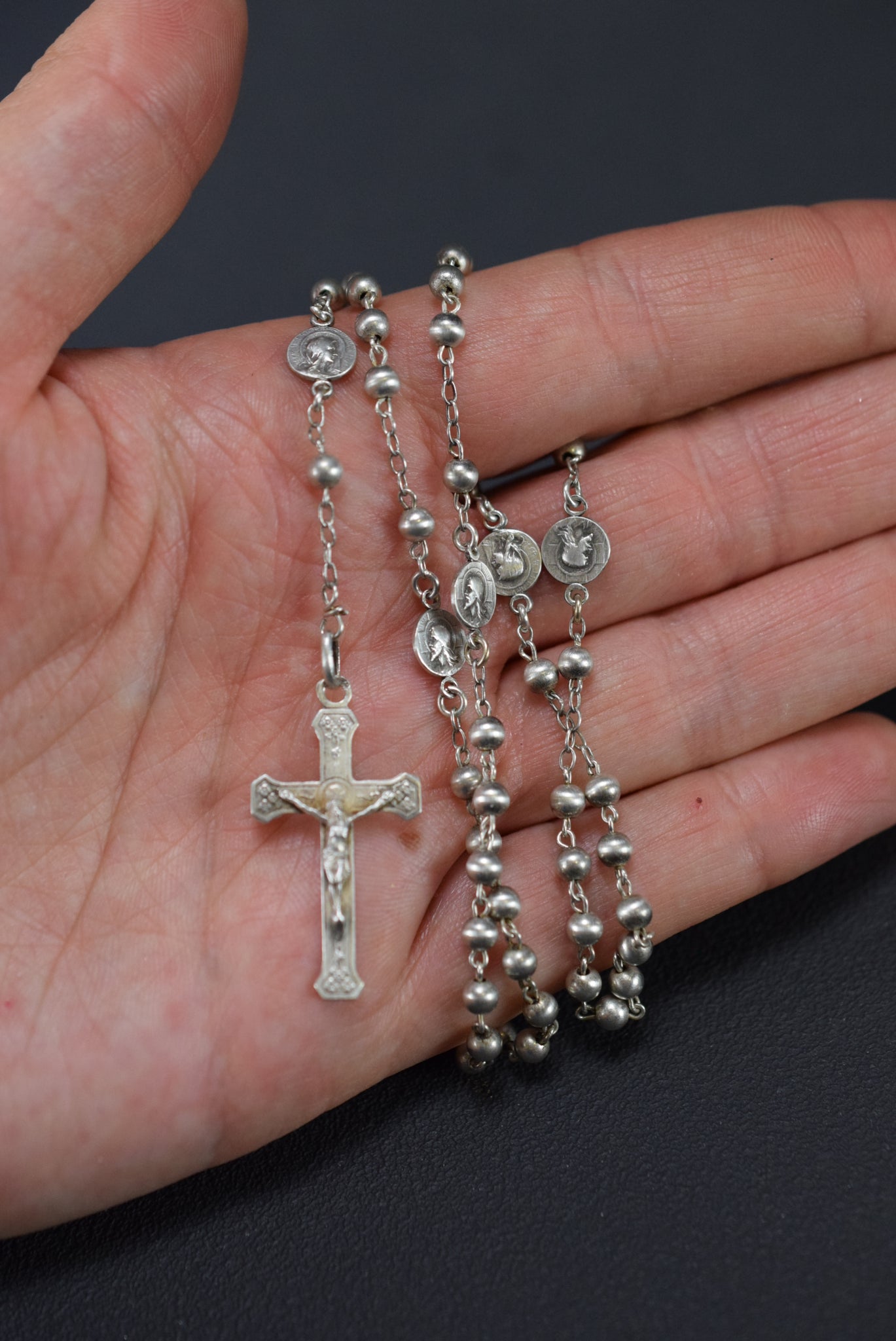 Antique French Sterling Silver Beads Rosary Jesus Mary Medals