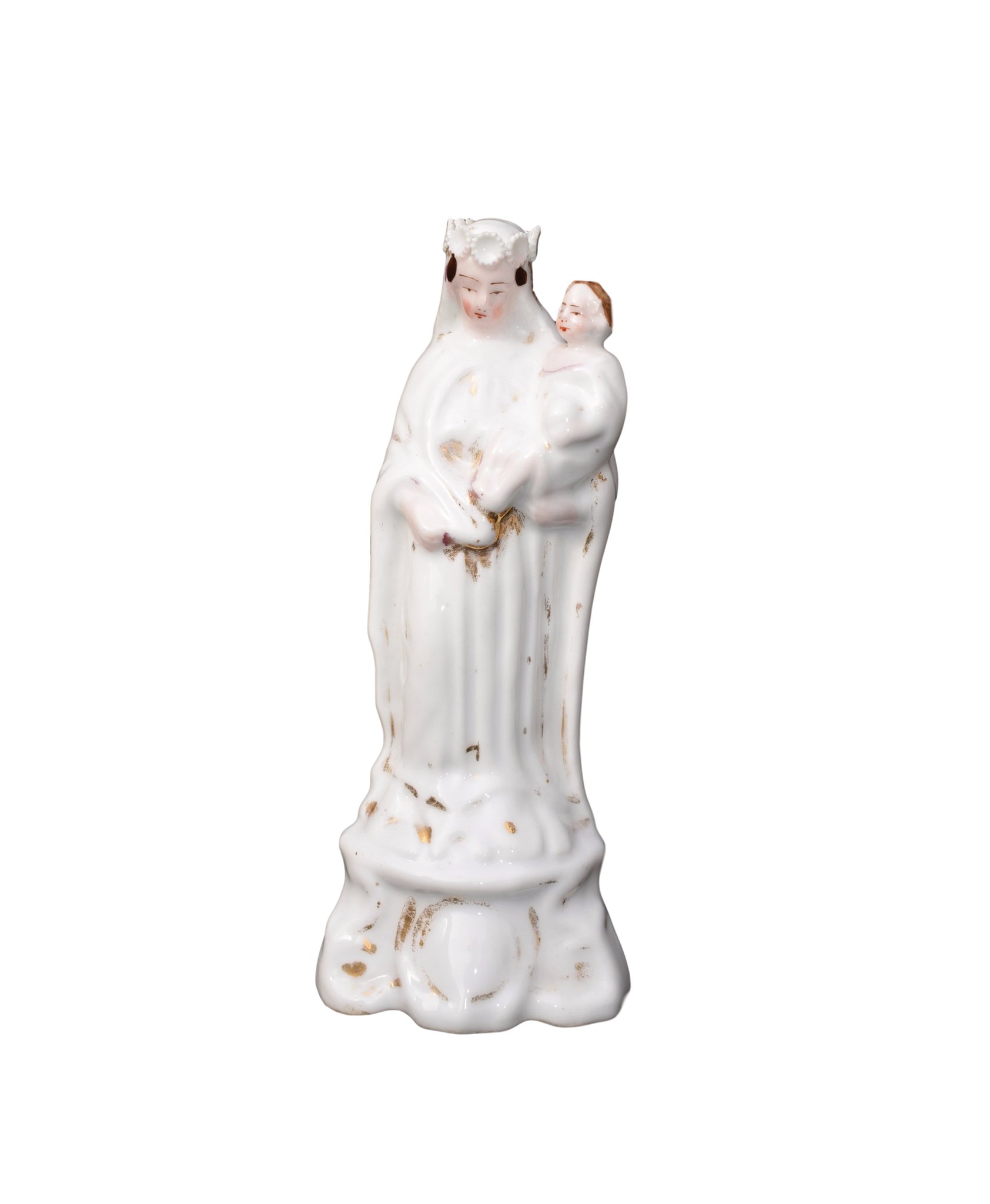 French Antique Paris Porcelain Virgin Mary and Jesus Child Statue - Charmantiques