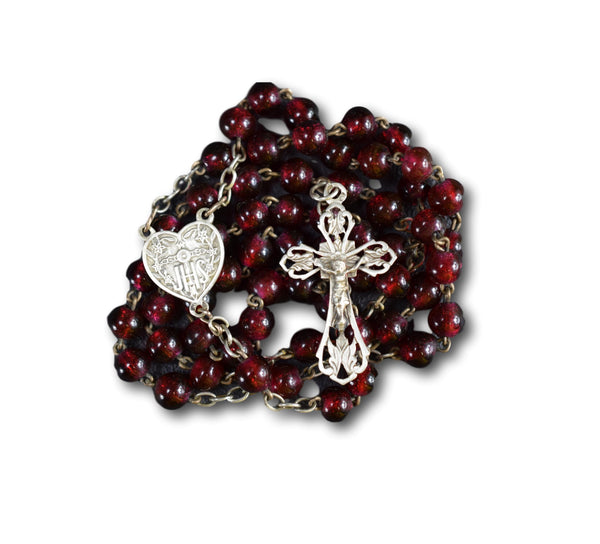 Antique French Red Glass Beads & Sterling Silver Rosary