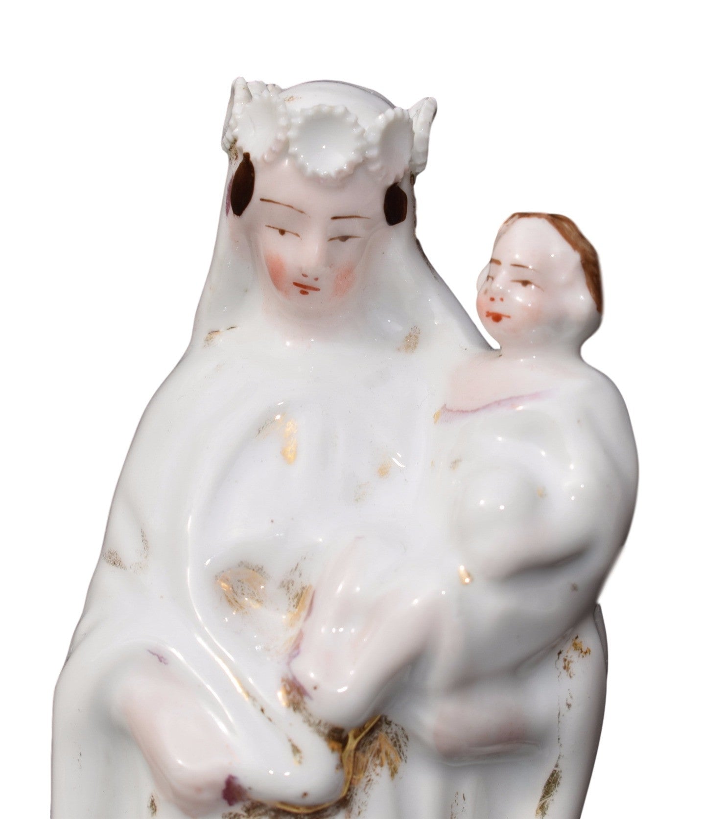 French Antique Paris Porcelain Virgin Mary and Jesus Child Statue - Charmantiques