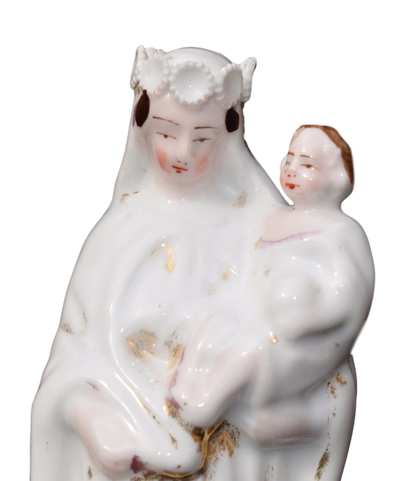 French Antique Paris Porcelain Virgin Mary and Jesus Child Statue - Charmantiques