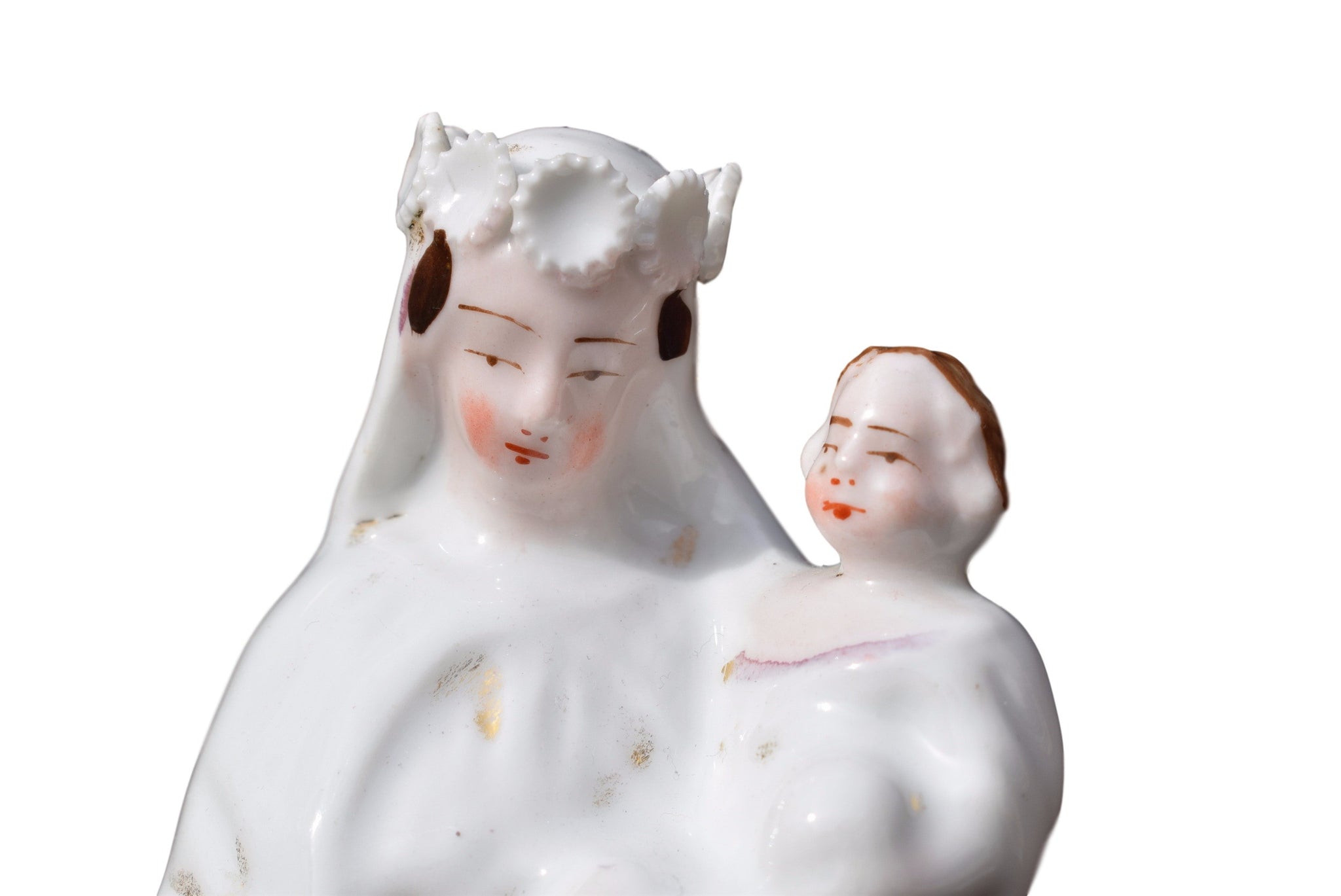 French Antique Paris Porcelain Virgin Mary and Jesus Child Statue - Charmantiques