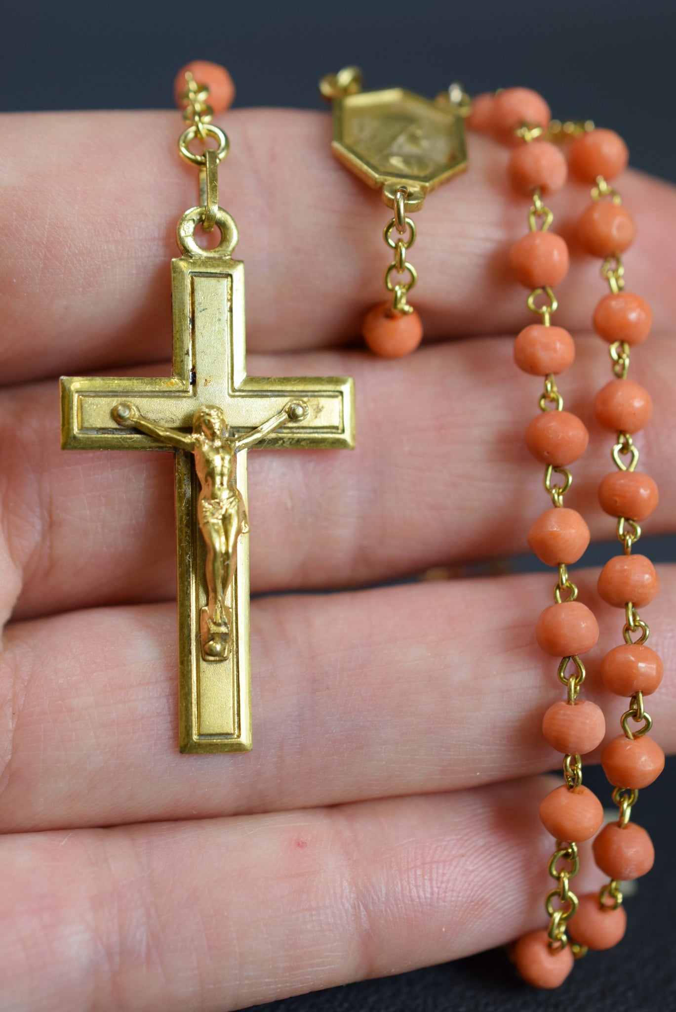 Vintage French Genuine Coral Beads and Gold Plated Rosary