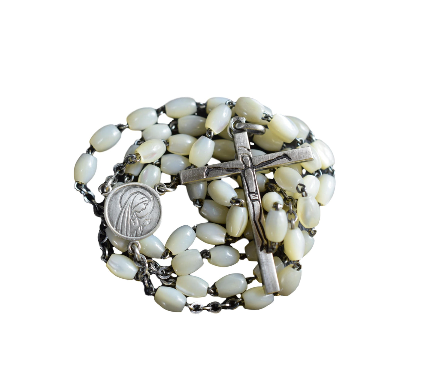 Modernist Mother of Pearl & Sterling Silver Rosary French Catholic