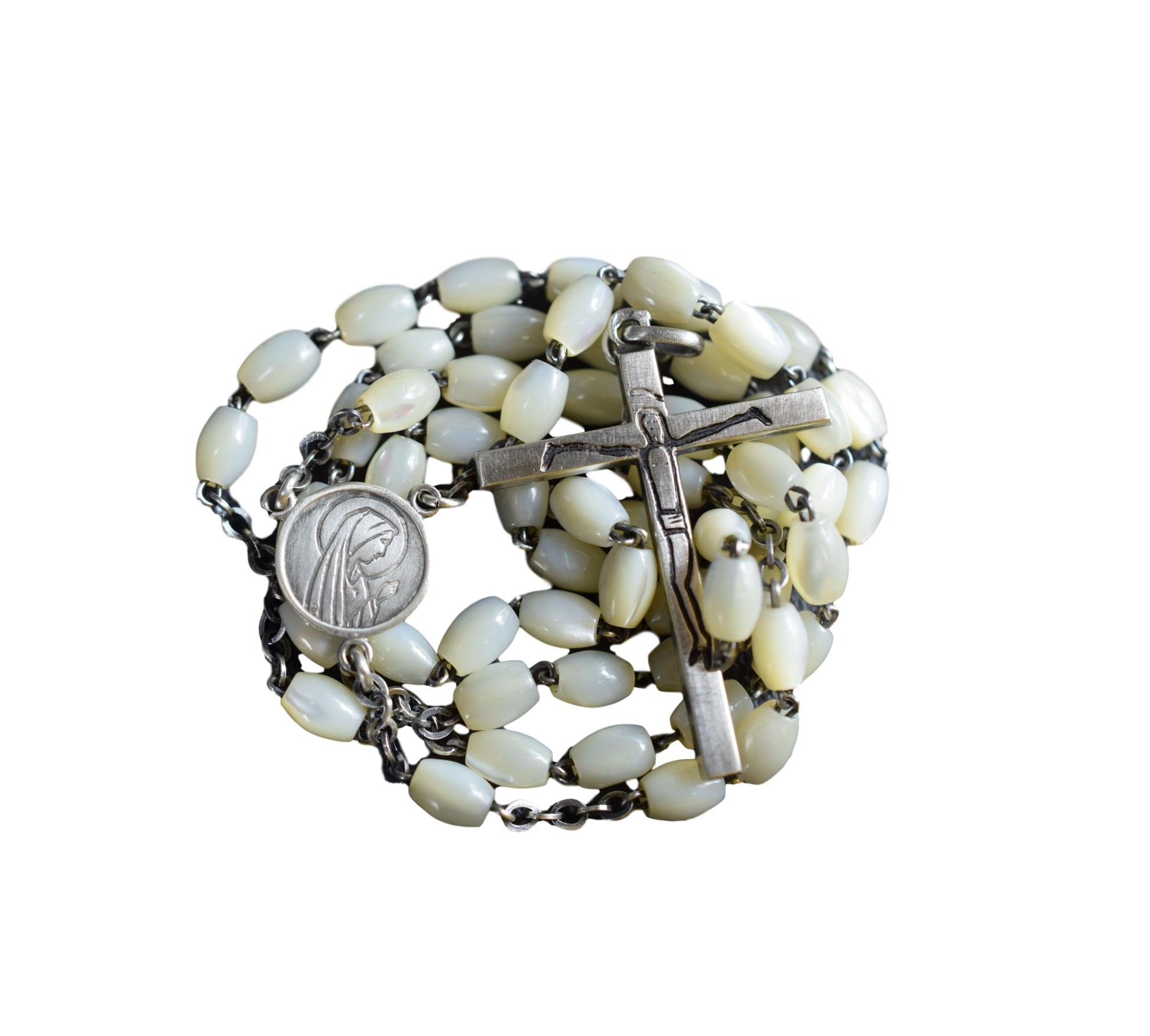 Modernist Mother of Pearl & Sterling Silver Rosary French Catholic
