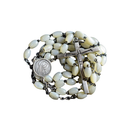 Modernist Mother of Pearl & Sterling Silver Rosary French Catholic