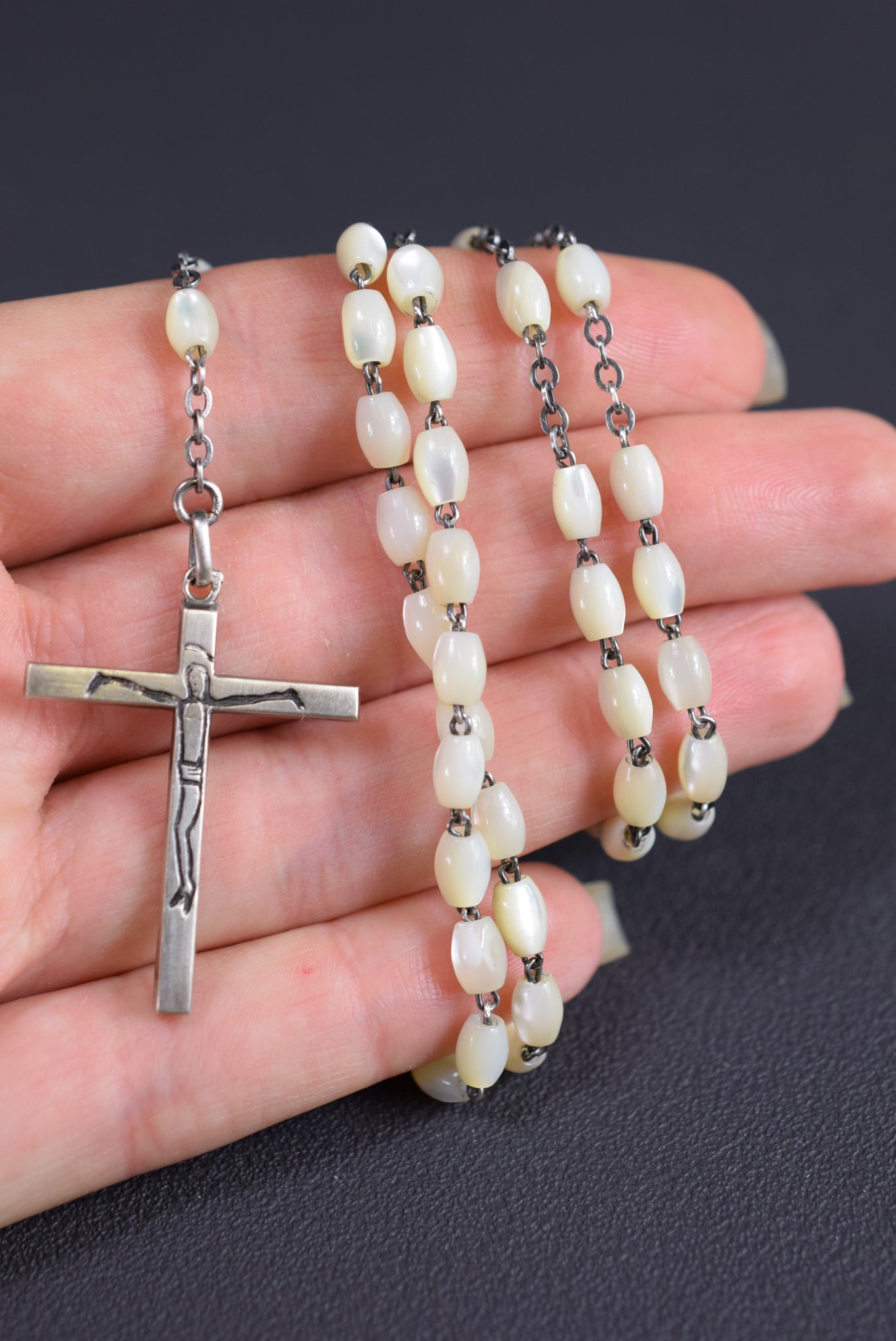 Modernist Mother of Pearl & Sterling Silver Rosary French Catholic