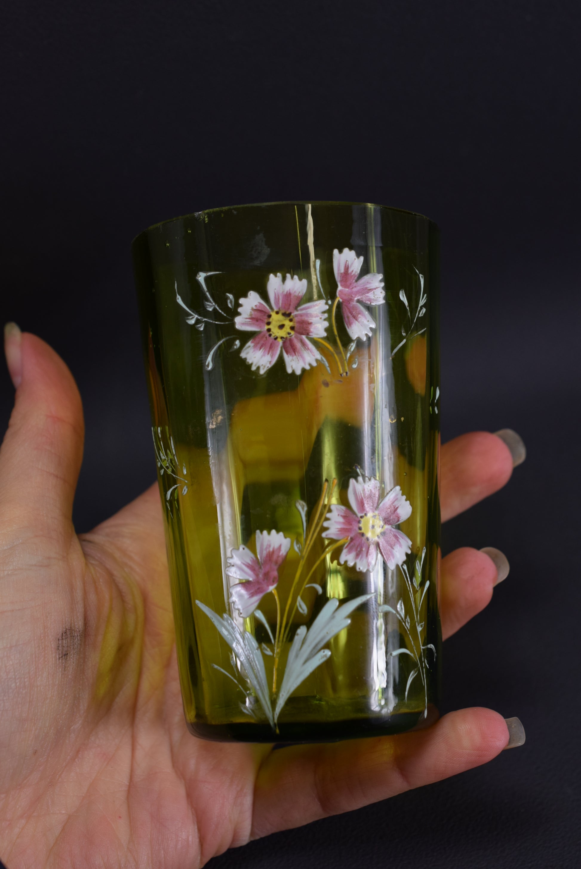 Antique French Enameled Green Glass Goblet