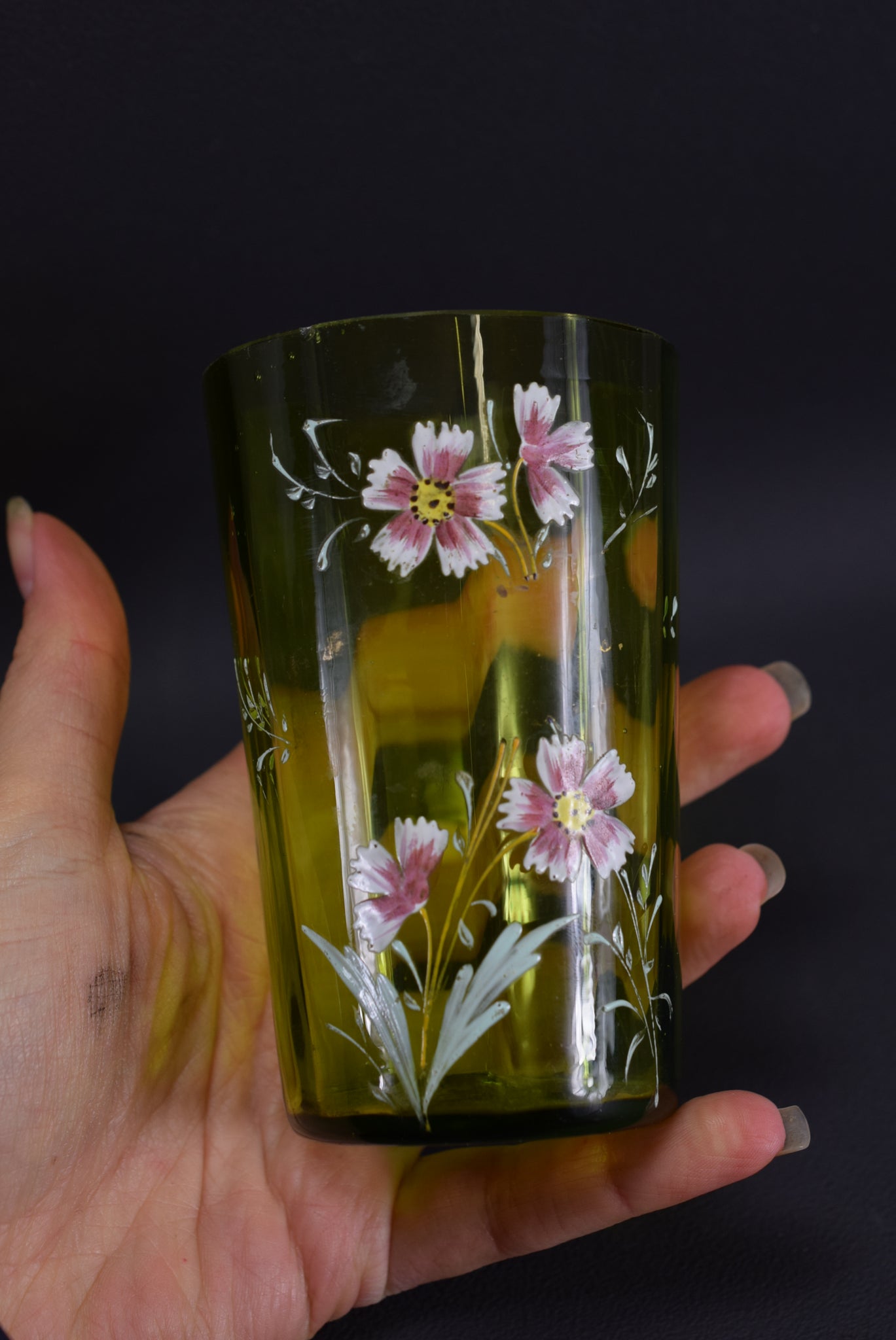 Antique French Enameled Green Glass Goblet