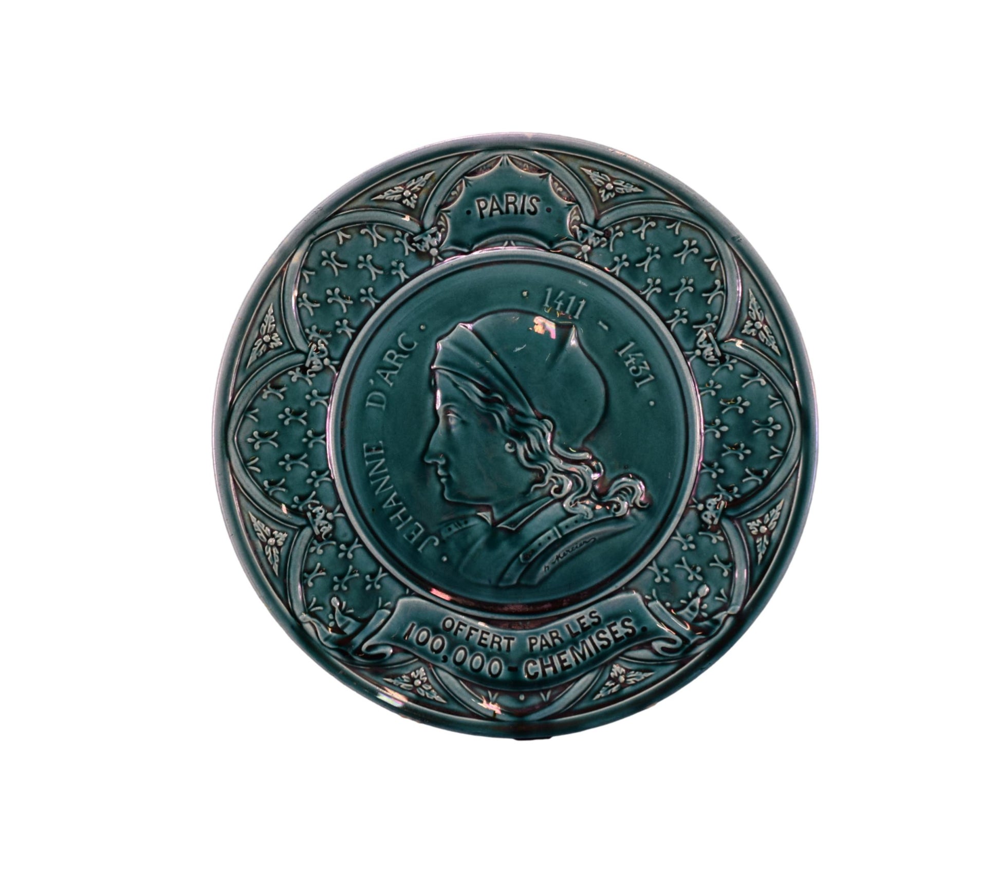 Saint Joan of Arc Ducky Blue Majolica Wall Plate Paris