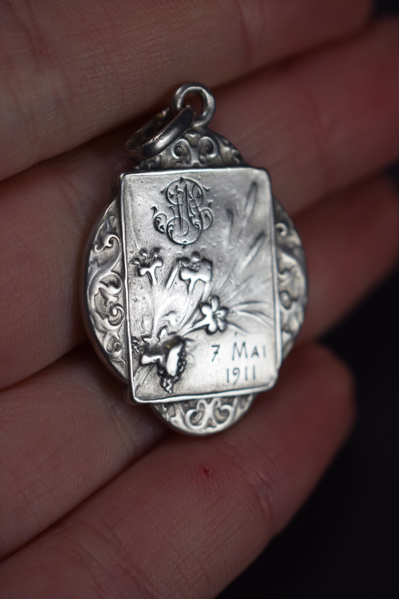 Art Nouveau Sterling Silver Communion Medal Pendant Charm Necklace