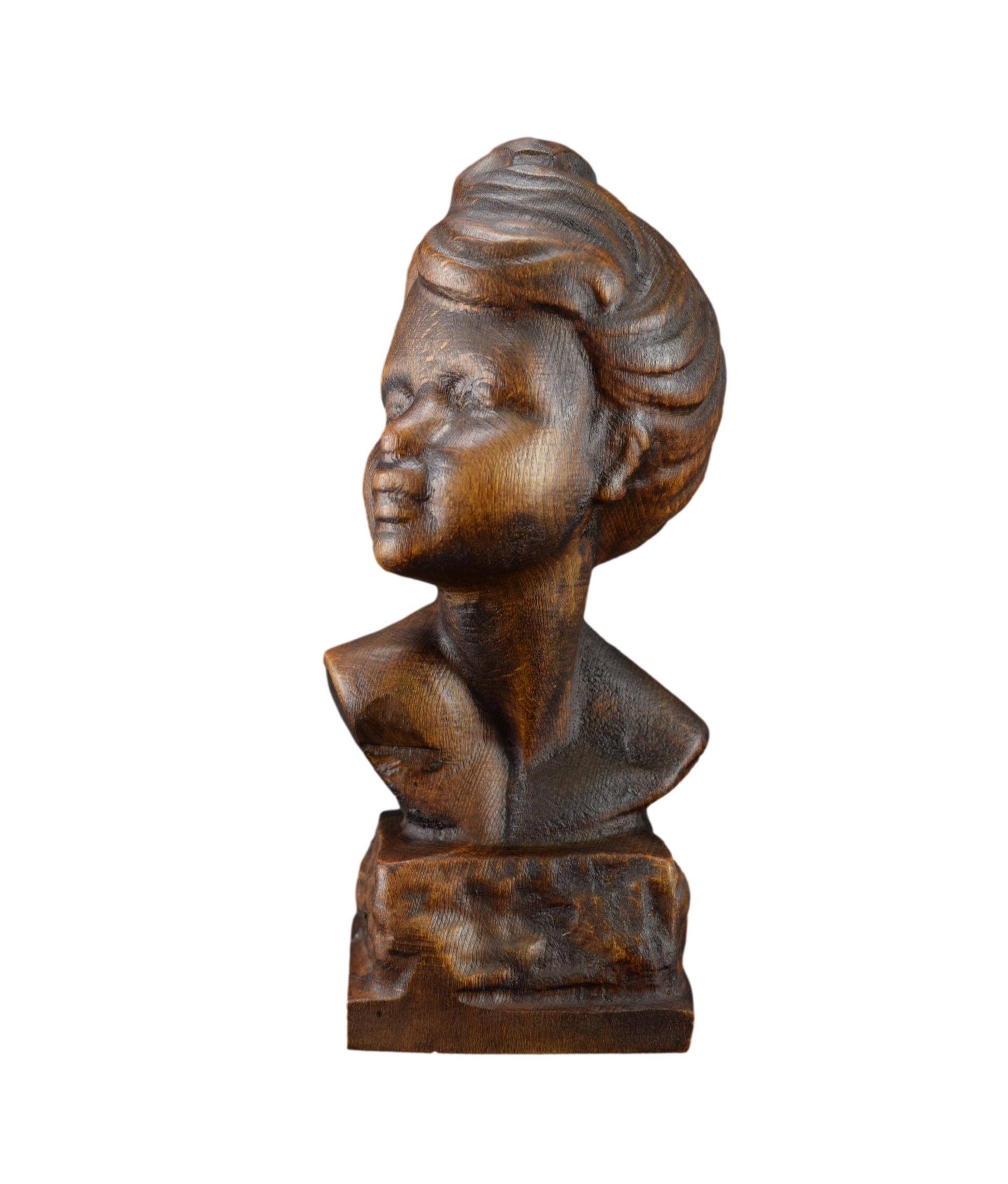 Vintage Hand Carved Oak Wood Young Girl Bust Sculpture Statue